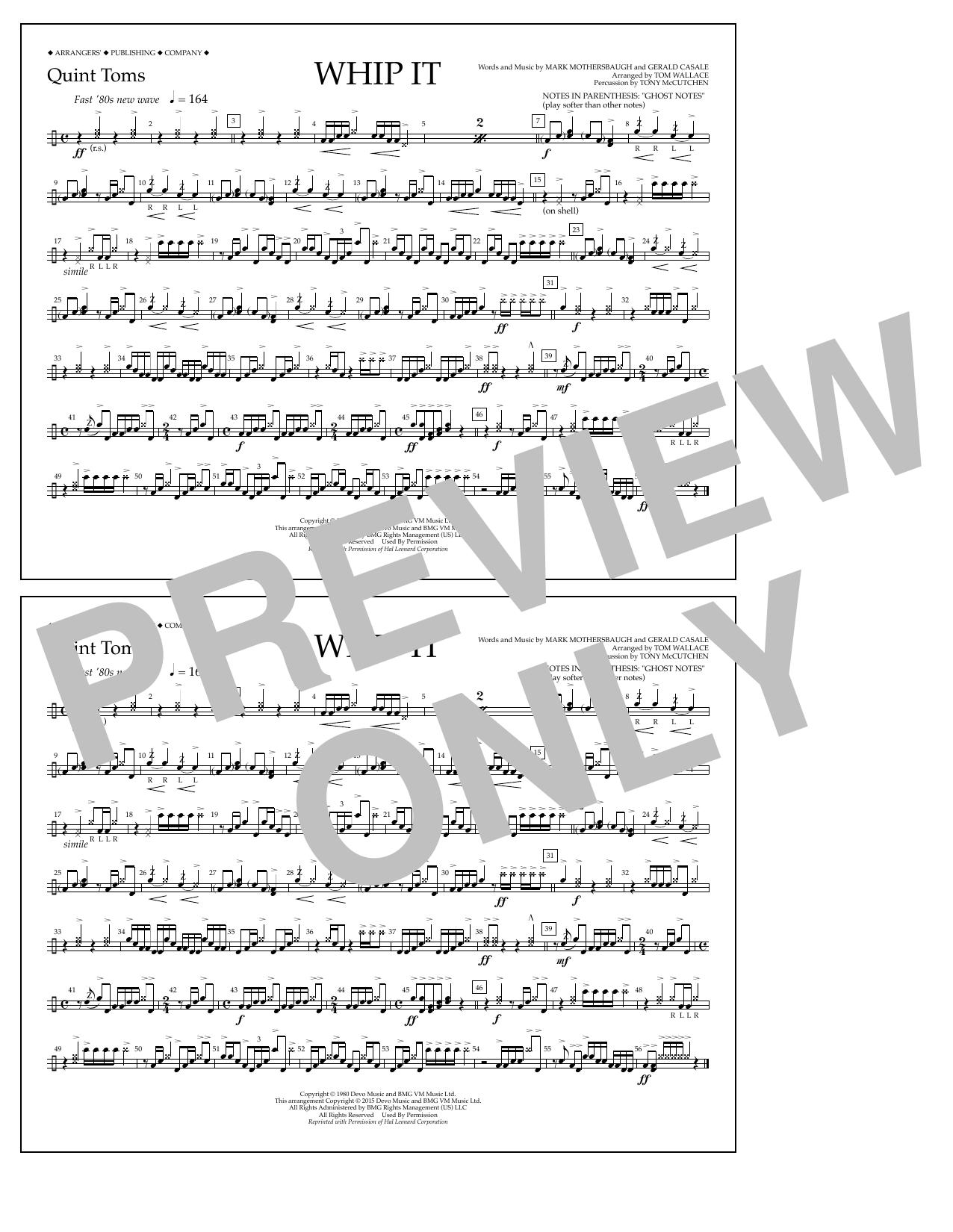 Tom Wallace Whip It - Quint-Toms Sheet Music Notes & Chords for Marching Band - Download or Print PDF