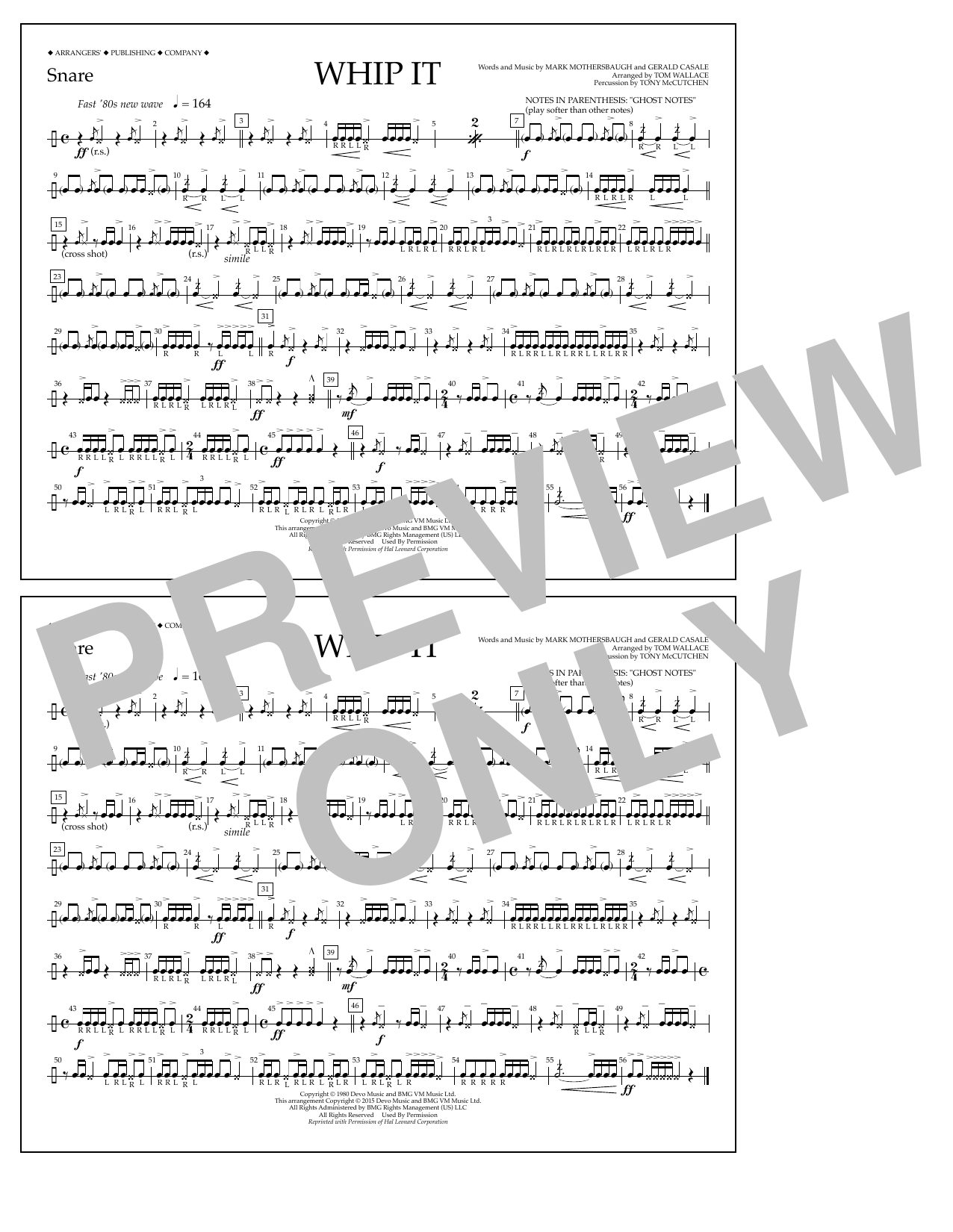 Tom Wallace Whip It - Snare Sheet Music Notes & Chords for Marching Band - Download or Print PDF
