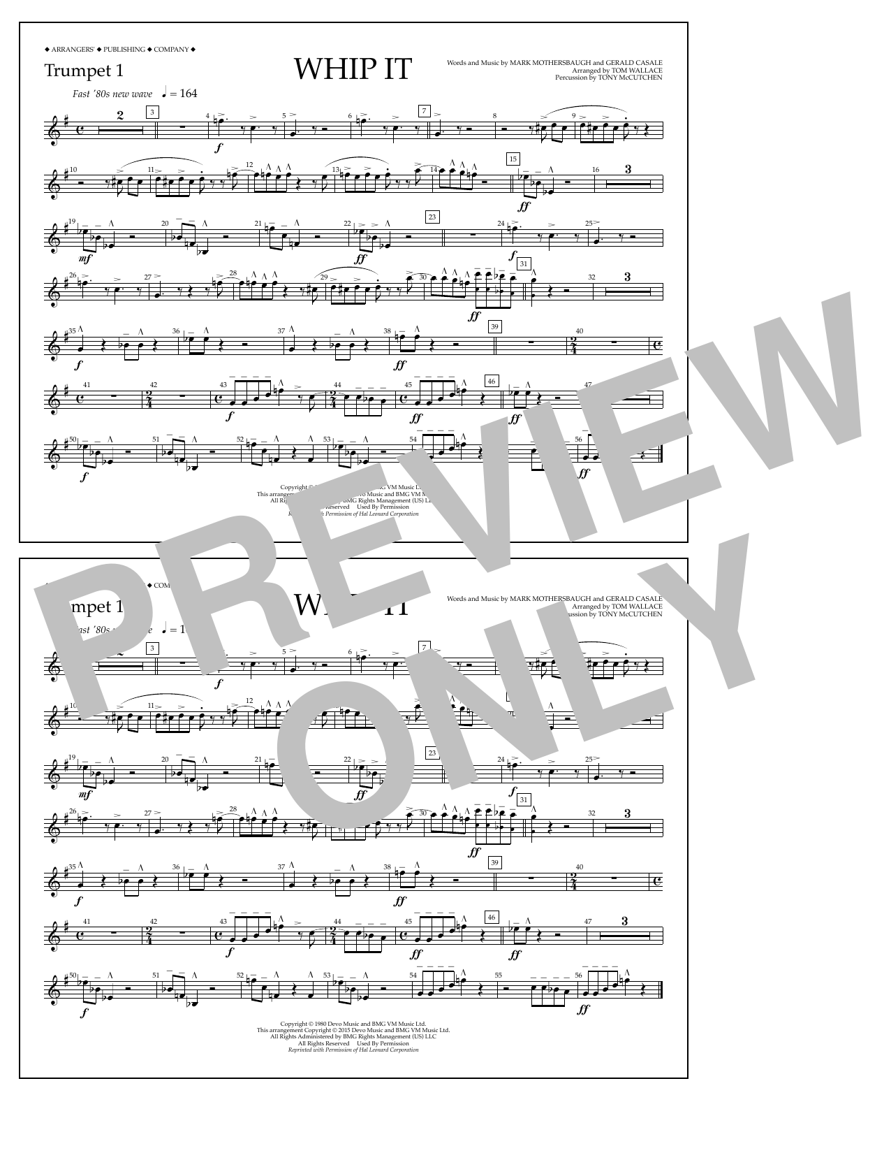 Tom Wallace Whip It - Trumpet 1 Sheet Music Notes & Chords for Marching Band - Download or Print PDF