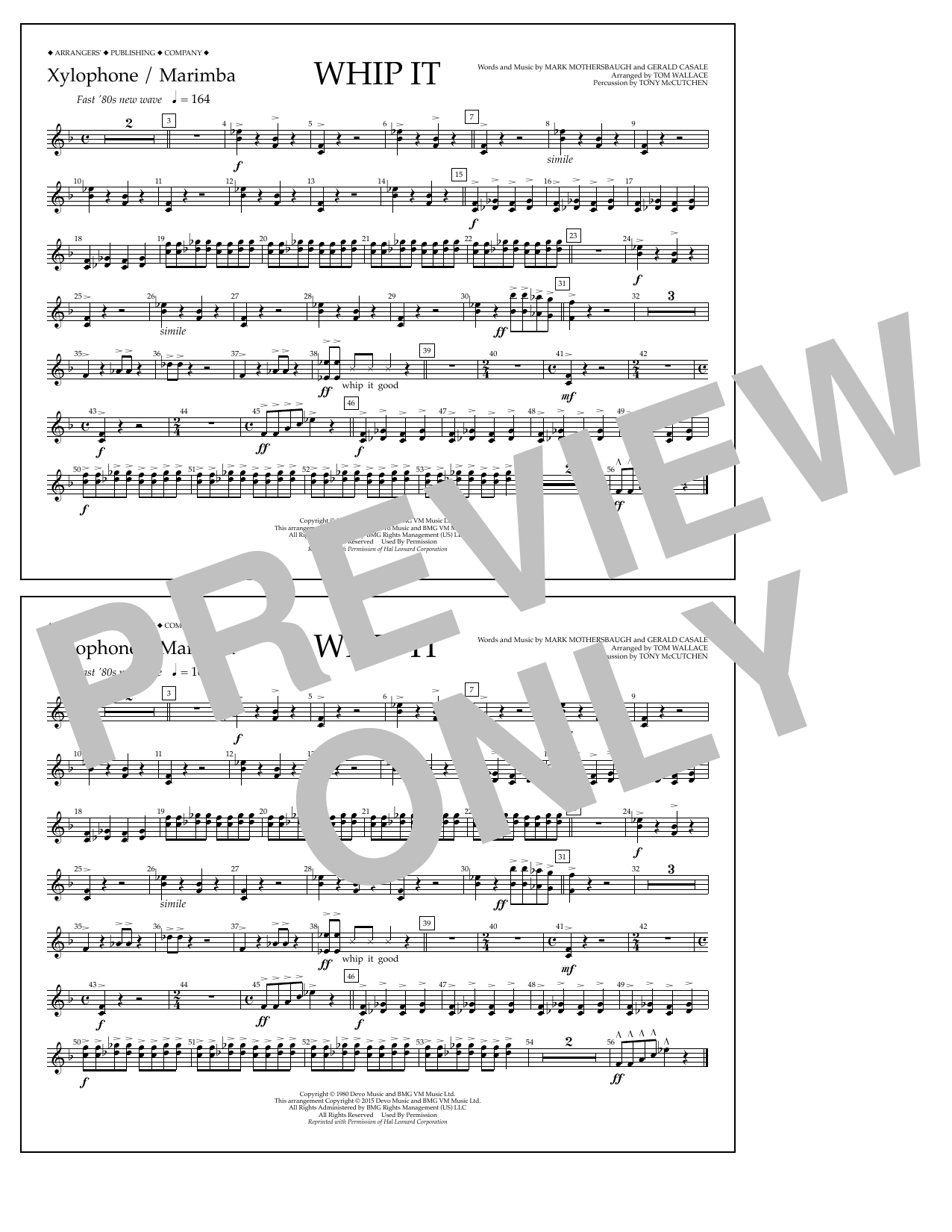 Tom Wallace Whip It - Xylophone/Marimba Sheet Music Notes & Chords for Marching Band - Download or Print PDF
