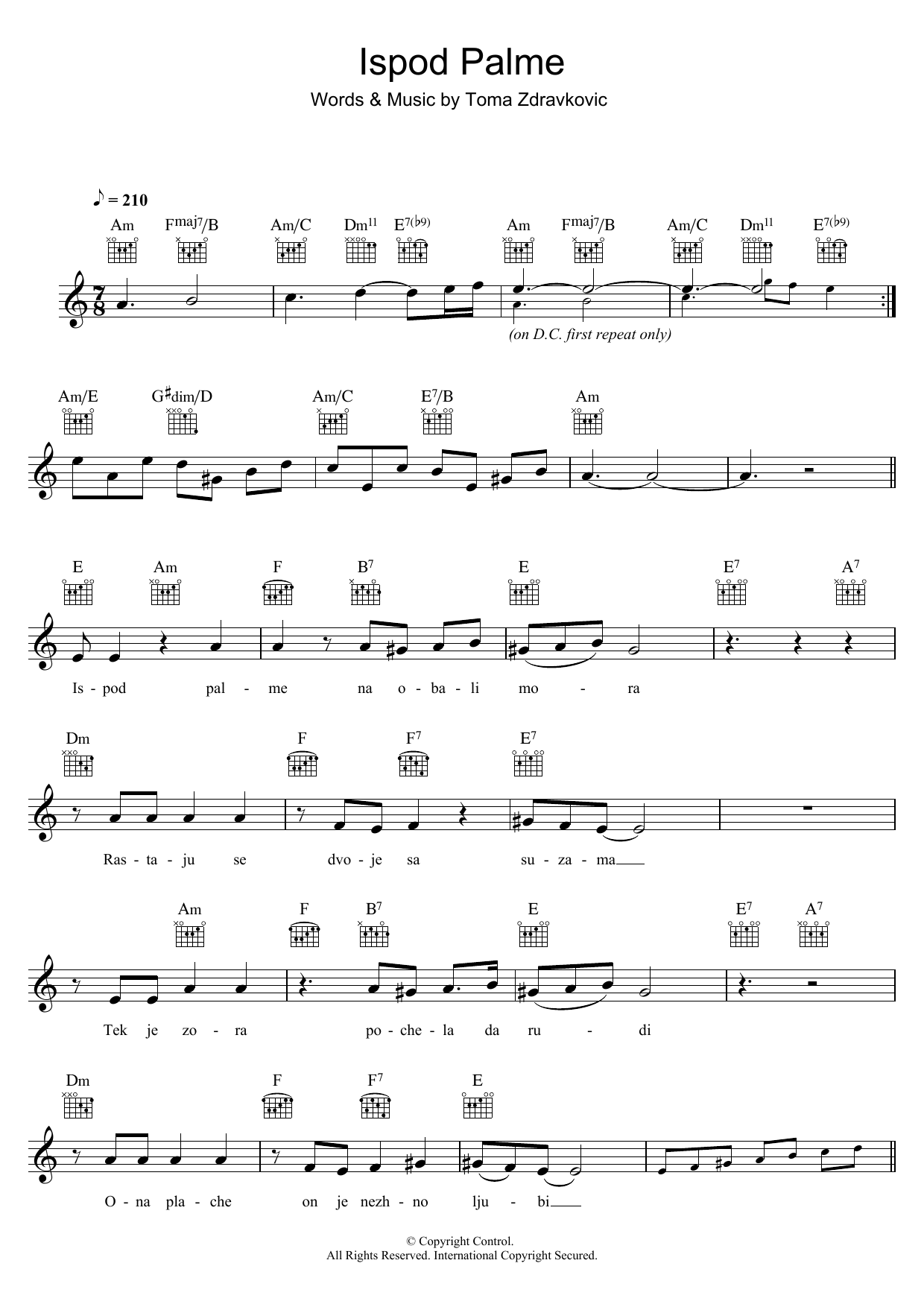 Toma Zdravkovic Ispod Palme Sheet Music Notes & Chords for Melody Line, Lyrics & Chords - Download or Print PDF