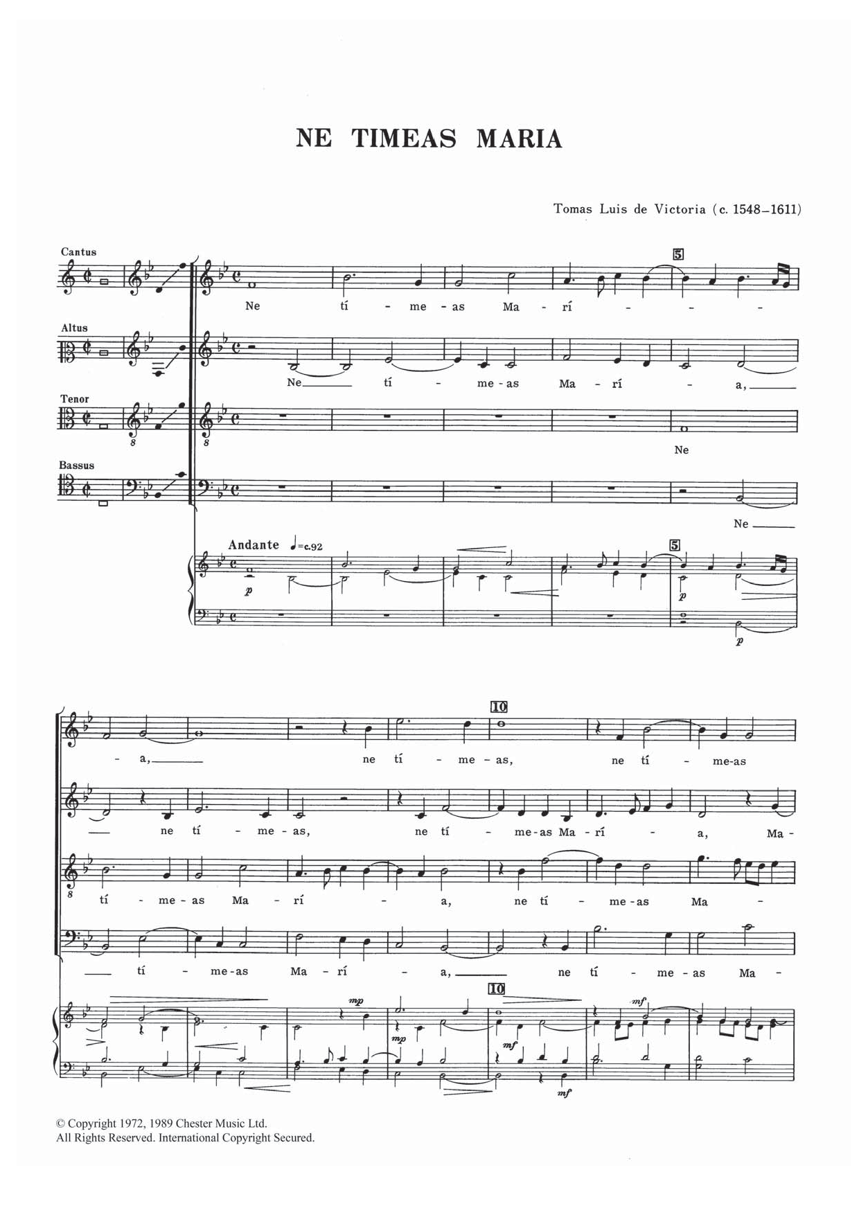 Tomas Luis De Victoria Ne Timeas Maria Sheet Music Notes & Chords for SATB - Download or Print PDF