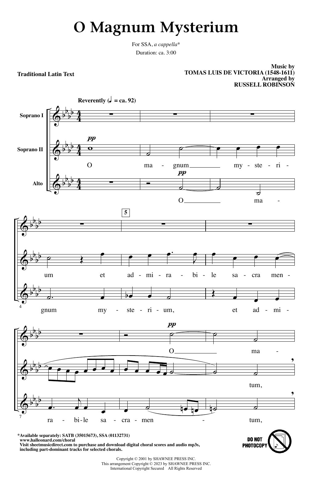 Tomas Luis De Victoria O Magnum Mysterium (arr. Russell Robinson) Sheet Music Notes & Chords for SSA Choir - Download or Print PDF