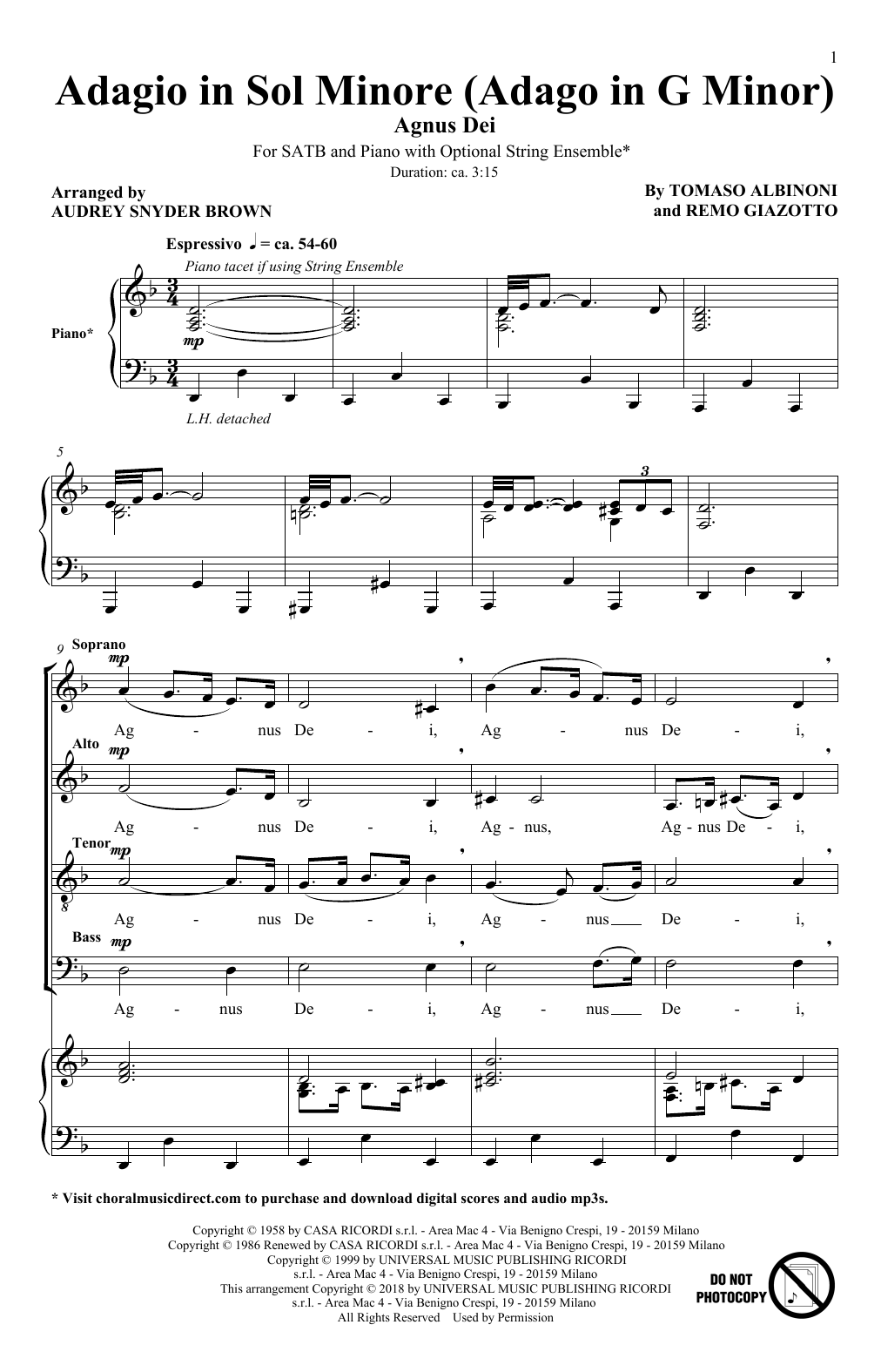 Tomaso Albinoni & Remo Giazotto Adagio In Sol Minore (Adagio In G Minor) (arr. Audrey Snyder) Sheet Music Notes & Chords for SATB Choir - Download or Print PDF