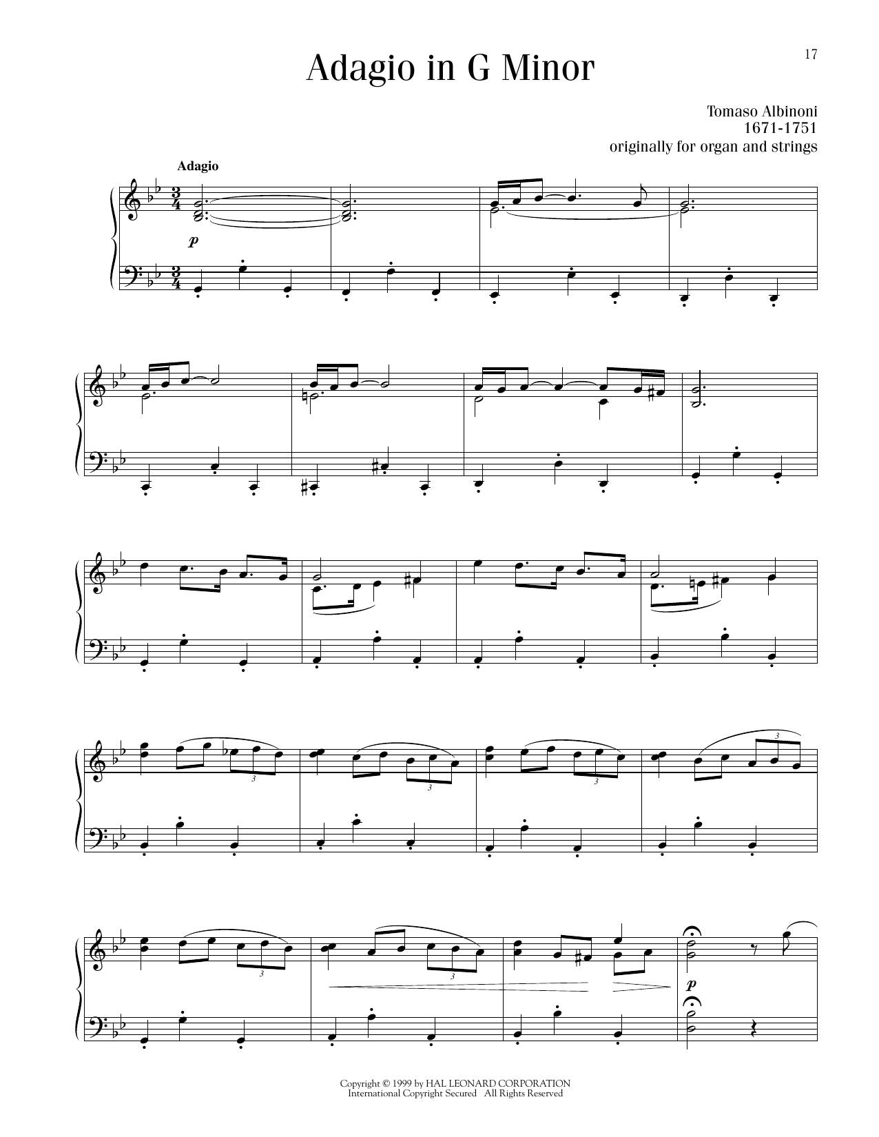 Tomaso Albinoni Adagio in G Minor Sheet Music Notes & Chords for Piano Solo - Download or Print PDF