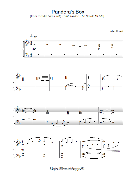Alan Silvestri Pandora's Box (from Lara Croft, Tomb Raider: The Cradle Of Life) Sheet Music Notes & Chords for Piano - Download or Print PDF