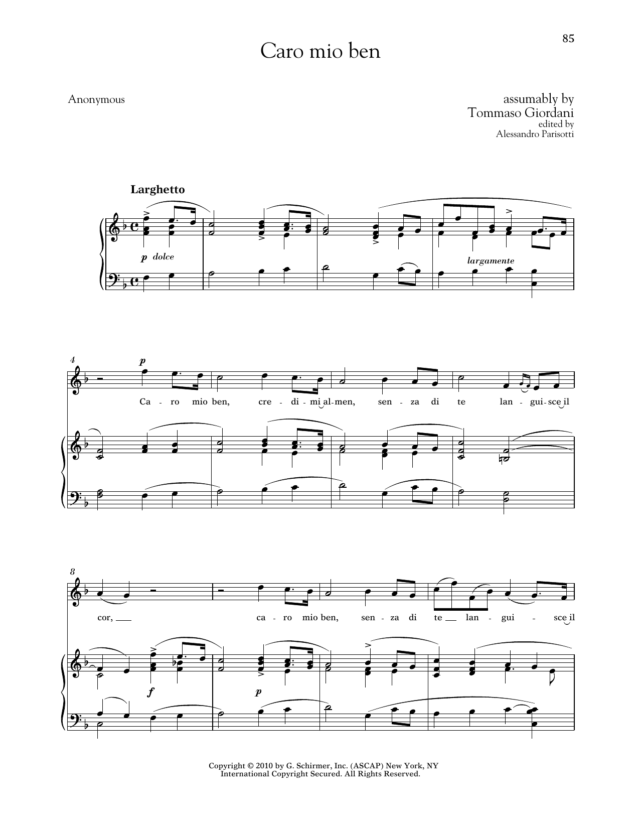 Tommaso Giordani Caro Mio Ben (High Voice) Sheet Music Notes & Chords for Piano & Vocal - Download or Print PDF