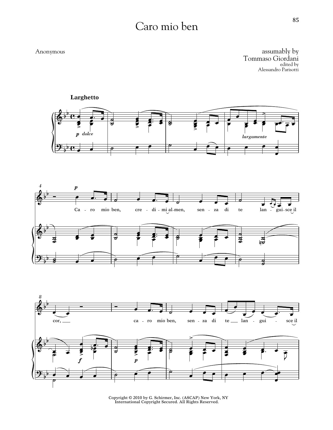 Tommaso Giordani Caro Mio Ben (Low Voice) Sheet Music Notes & Chords for Piano & Vocal - Download or Print PDF