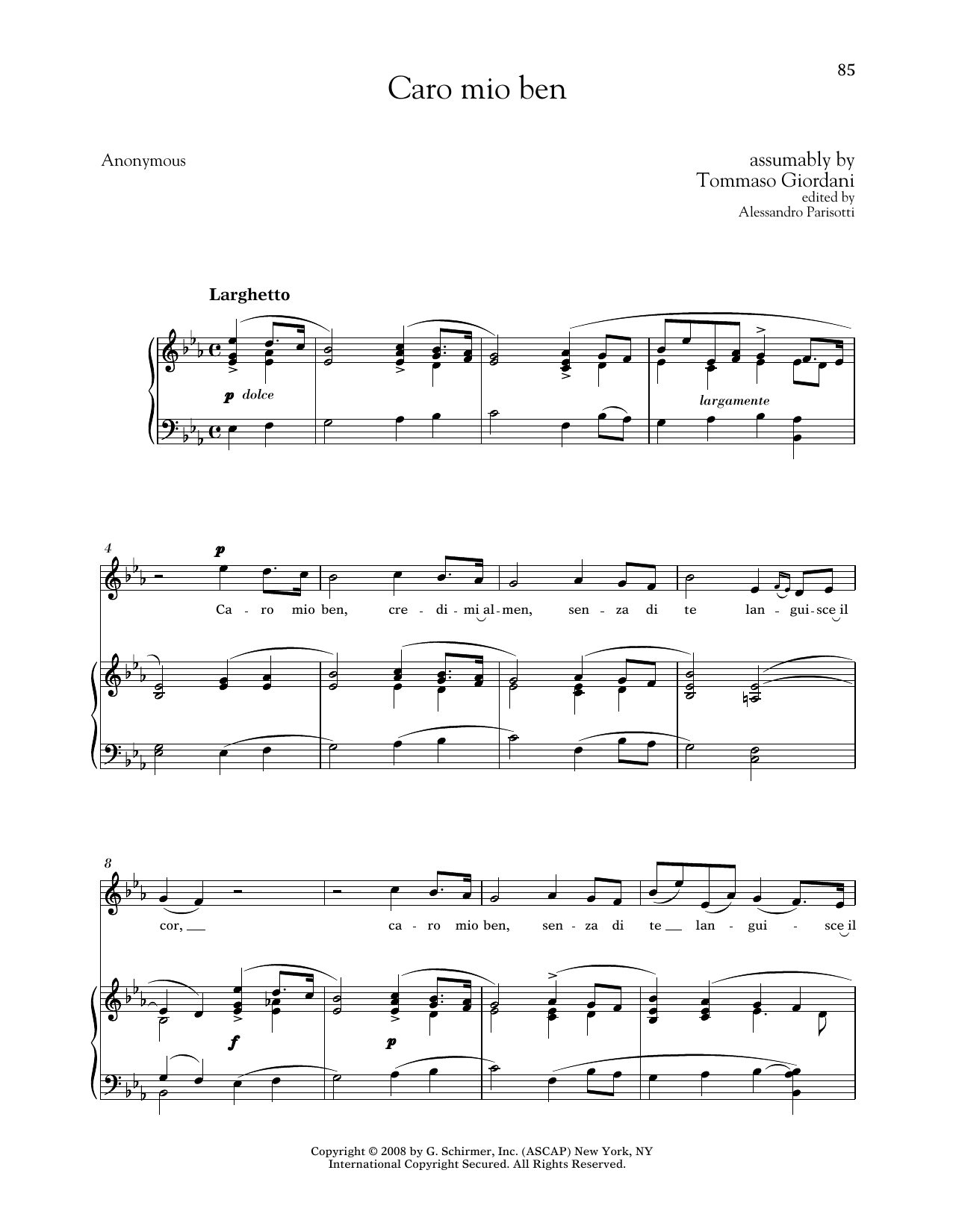 Tommaso Giordani Caro Mio Ben (Medium High Voice) Sheet Music Notes & Chords for Piano & Vocal - Download or Print PDF