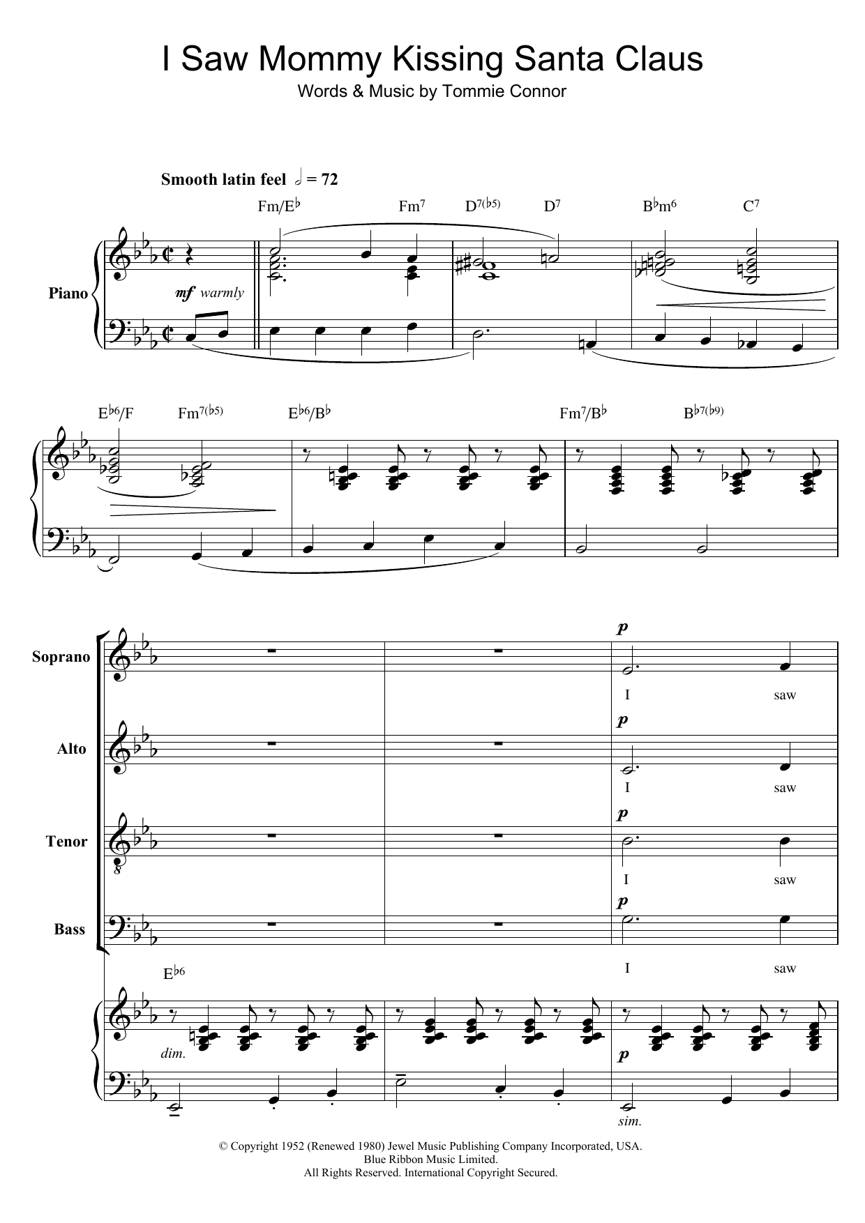 Tommie Connor I Saw Mommy Kissing Santa Claus (arr. Berty Rice) Sheet Music Notes & Chords for SATB - Download or Print PDF