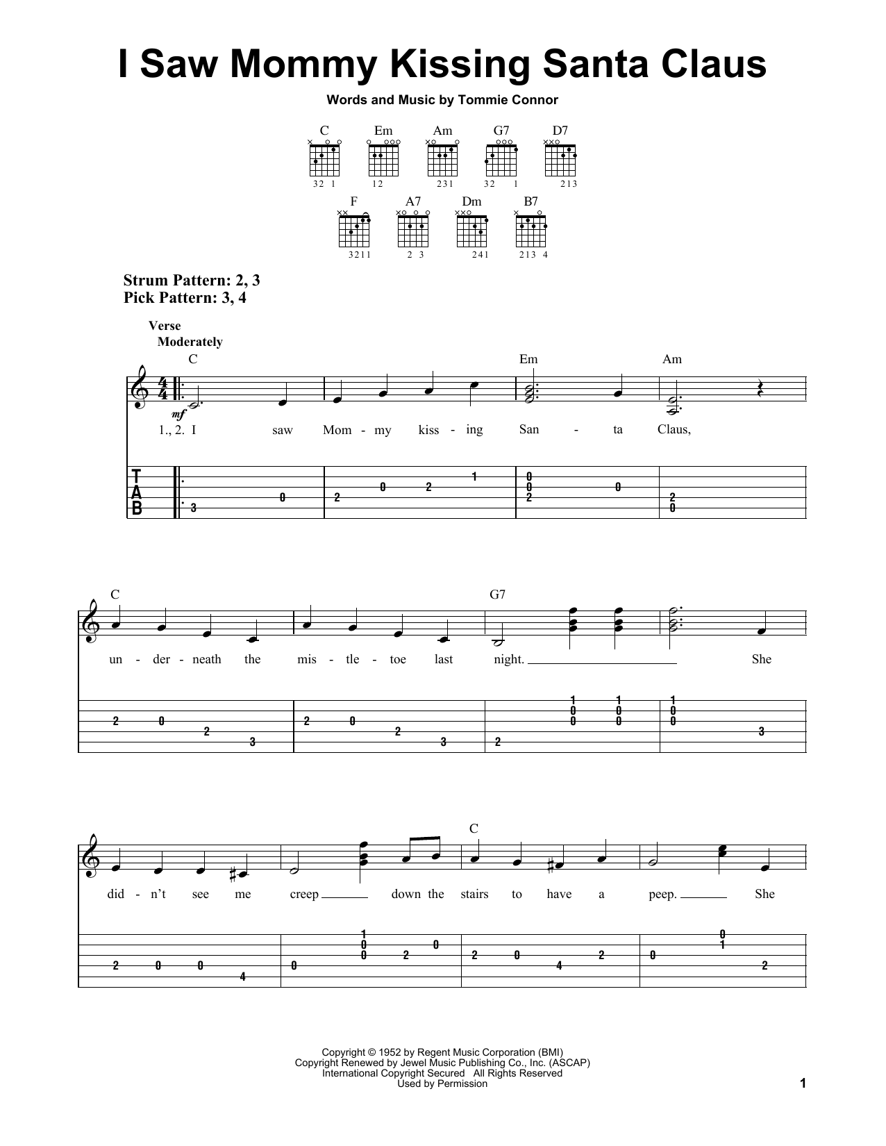Tommie Connor I Saw Mommy Kissing Santa Claus Sheet Music Notes & Chords for Easy Guitar - Download or Print PDF