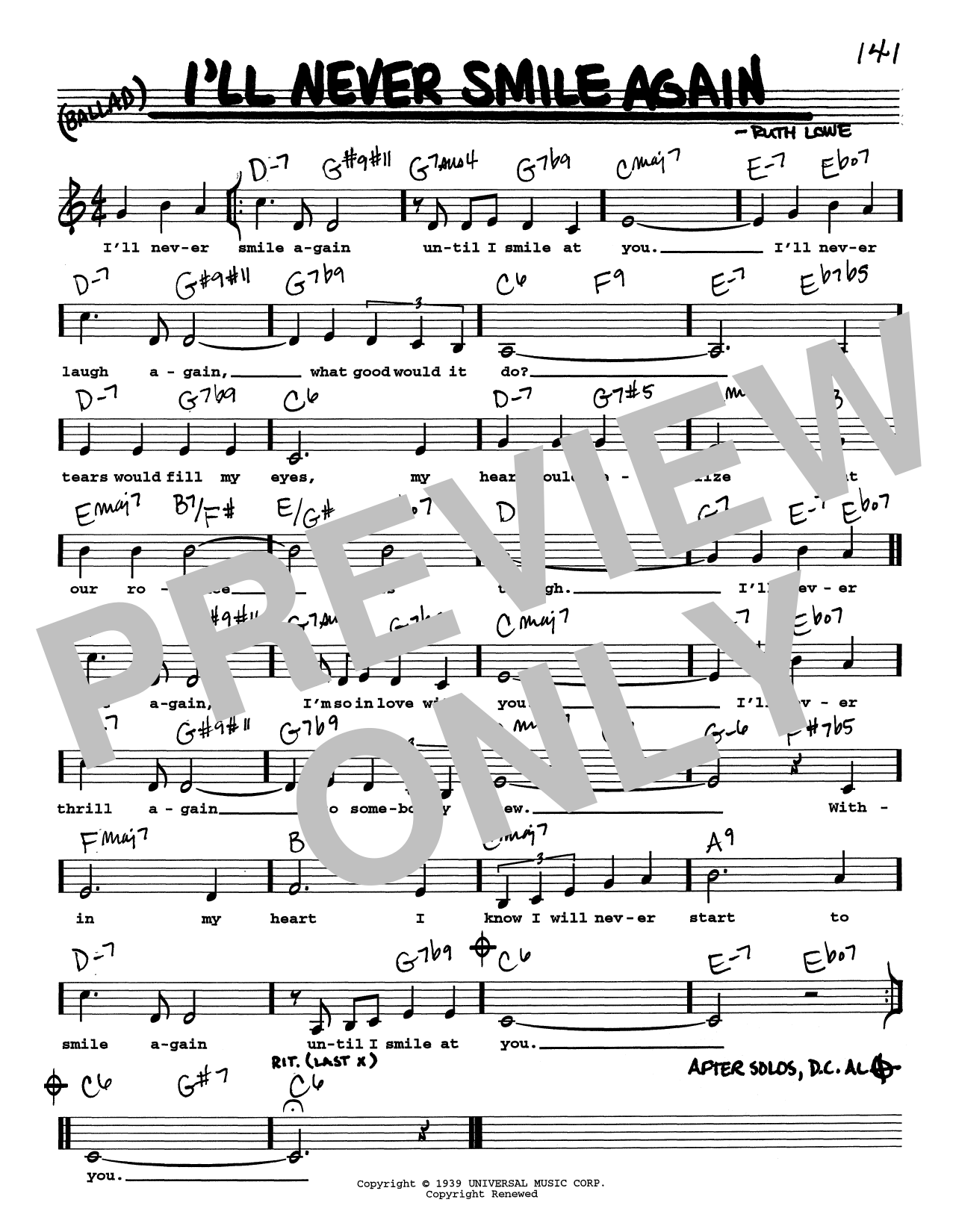 Tommy Dorsey & His Orchestra I'll Never Smile Again (Low Voice) Sheet Music Notes & Chords for Real Book – Melody, Lyrics & Chords - Download or Print PDF