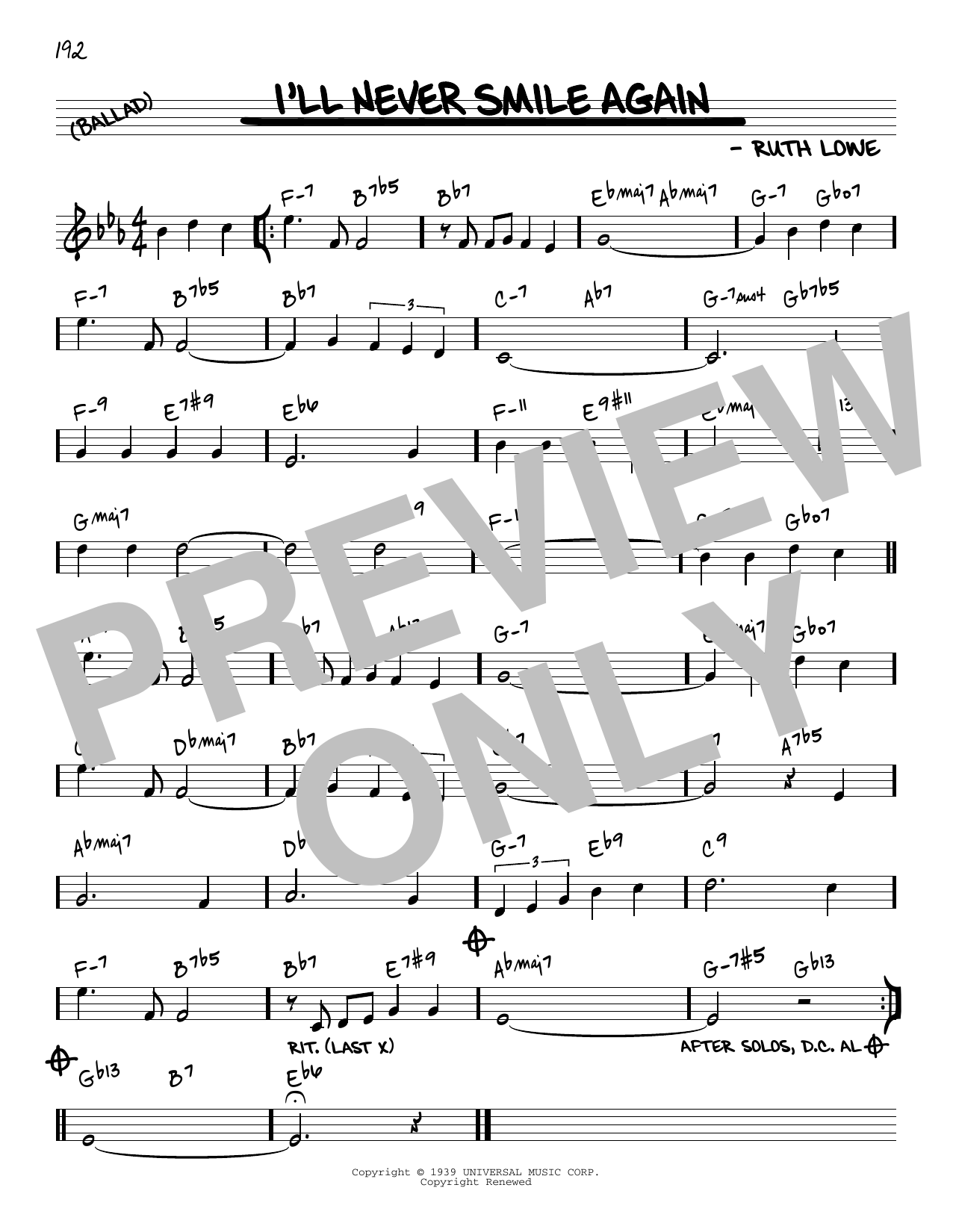 Tommy Dorsey & His Orchestra I'll Never Smile Again [Reharmonized version] (arr. Jack Grassel) Sheet Music Notes & Chords for Real Book – Melody & Chords - Download or Print PDF