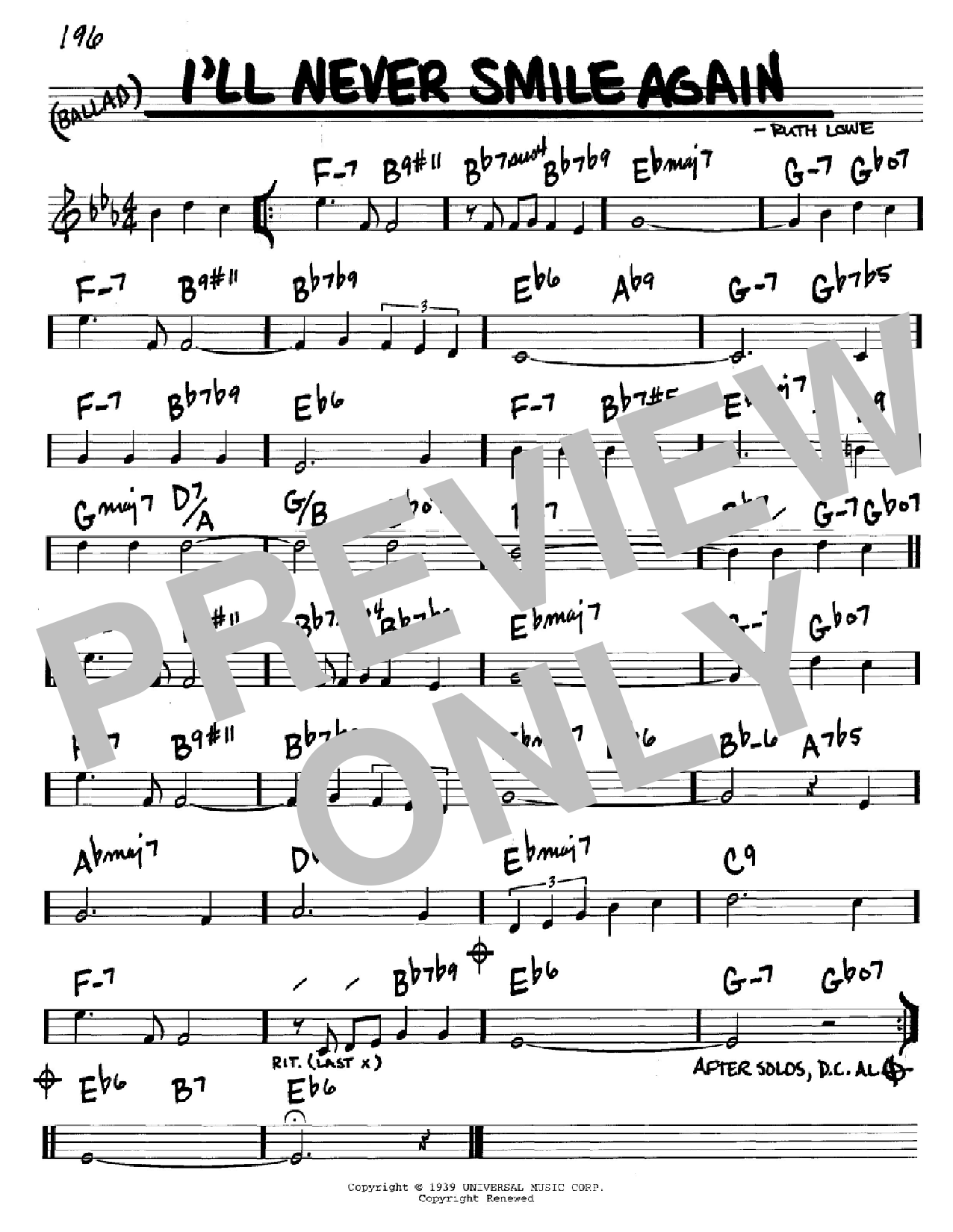 Tommy Dorsey I'll Never Smile Again Sheet Music Notes & Chords for Real Book - Melody, Lyrics & Chords - C Instruments - Download or Print PDF