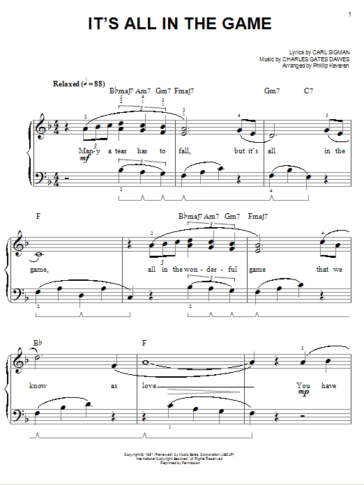 Tommy Edwards It's All In The Game Sheet Music Notes & Chords for Easy Piano - Download or Print PDF
