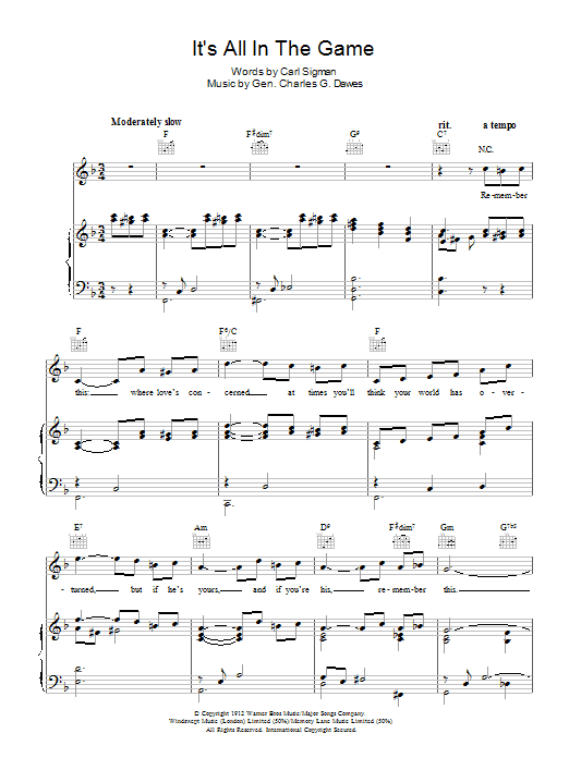 Tommy Edwards It's All In The Game Sheet Music Notes & Chords for Piano, Vocal & Guitar (Right-Hand Melody) - Download or Print PDF