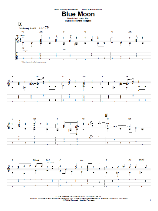 Tommy Emmanuel Blue Moon Sheet Music Notes & Chords for Guitar Tab - Download or Print PDF