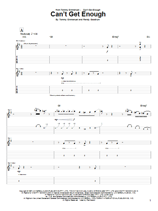 Tommy Emmanuel Can't Get Enough Sheet Music Notes & Chords for Guitar Tab - Download or Print PDF