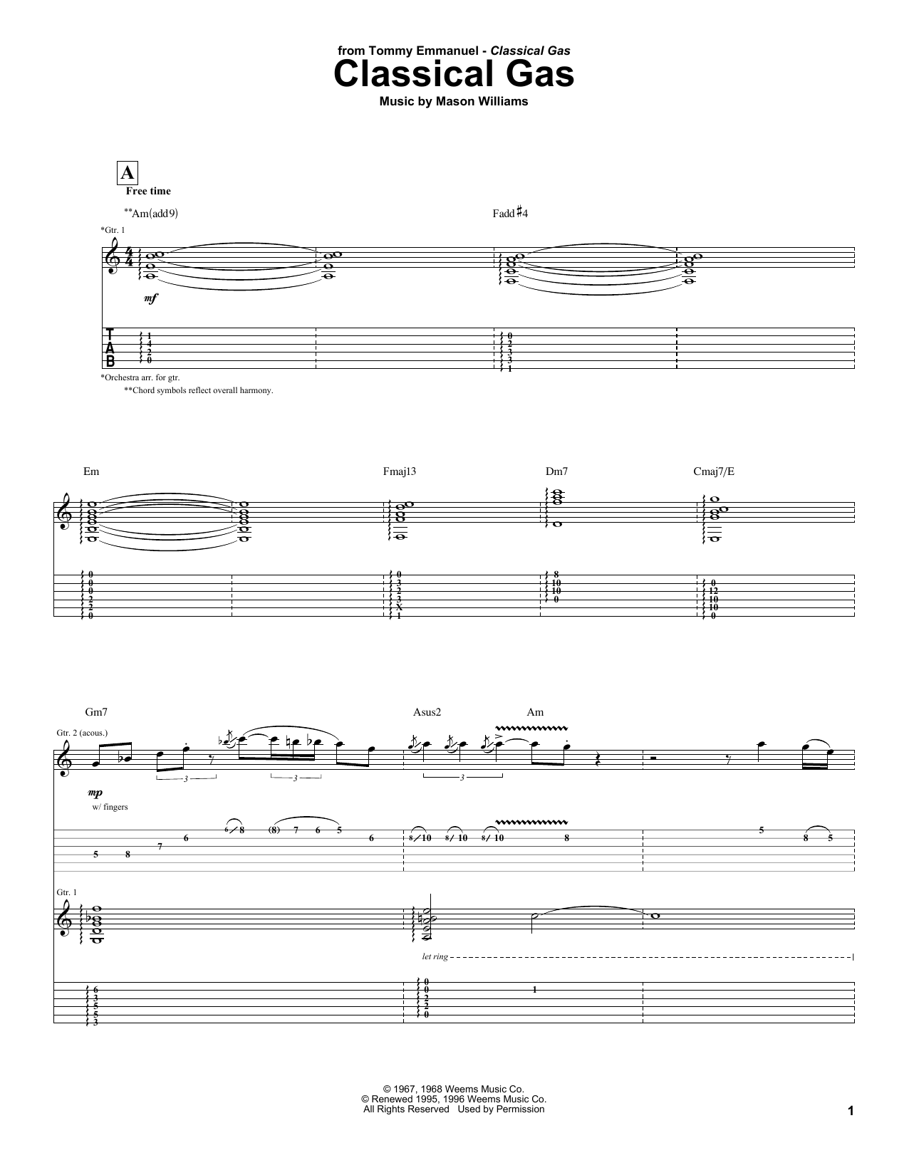 Tommy Emmanuel Classical Gas Sheet Music Notes & Chords for Guitar Tab - Download or Print PDF