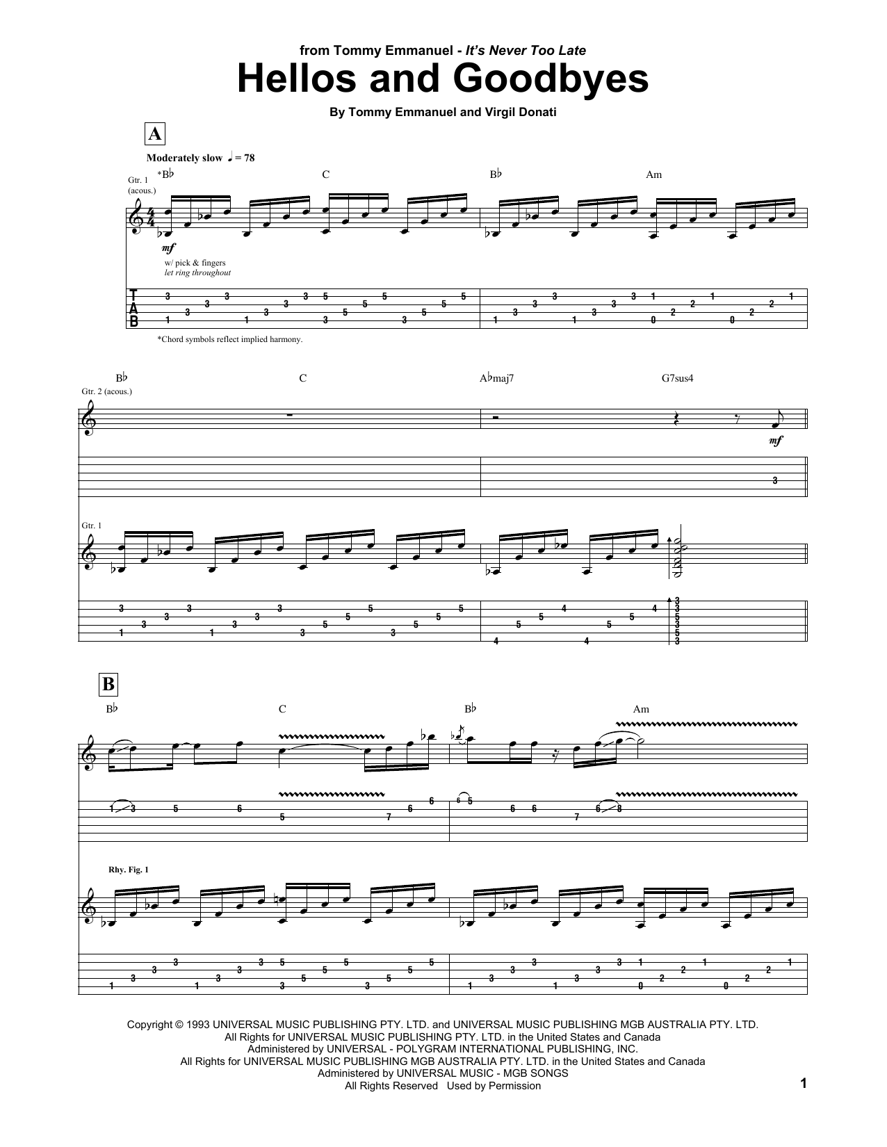 Tommy Emmanuel Hellos And Goodbyes Sheet Music Notes & Chords for Guitar Tab - Download or Print PDF