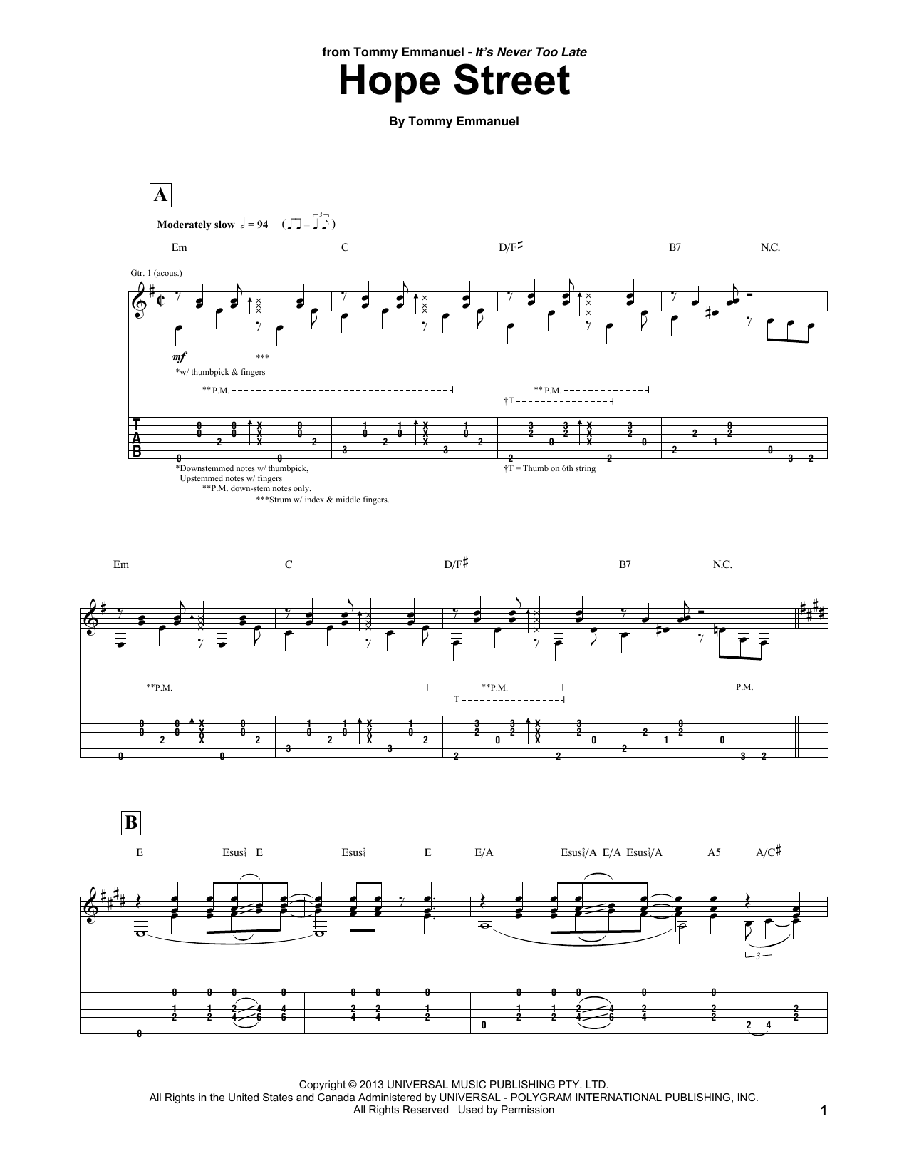 Tommy Emmanuel Hope Street Sheet Music Notes & Chords for Guitar Tab - Download or Print PDF