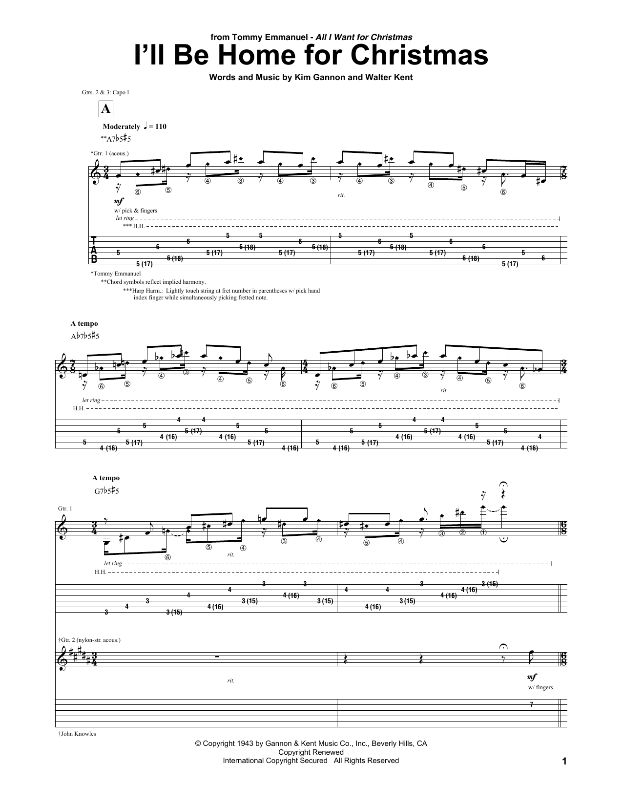 Tommy Emmanuel I'll Be Home For Christmas Sheet Music Notes & Chords for Guitar Tab - Download or Print PDF