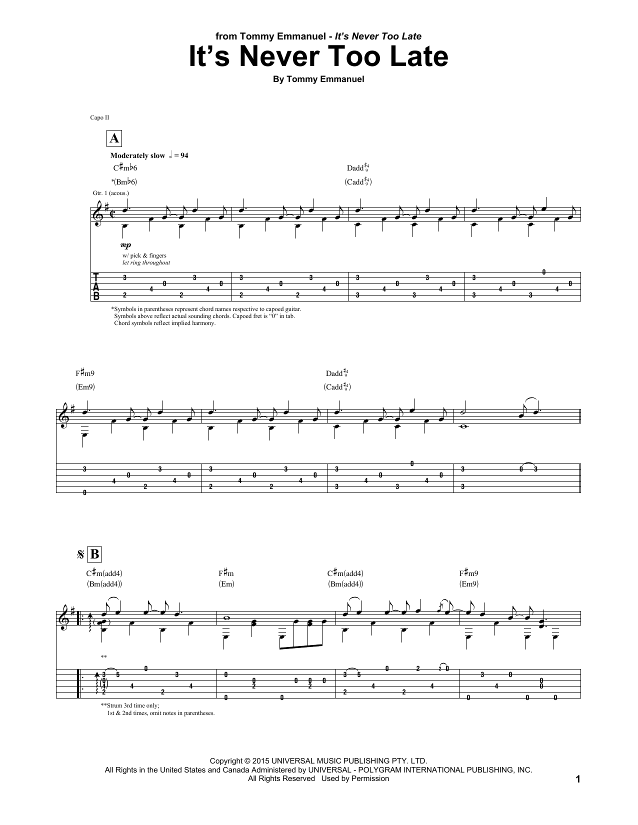 Tommy Emmanuel It's Never Too Late Sheet Music Notes & Chords for Guitar Tab - Download or Print PDF