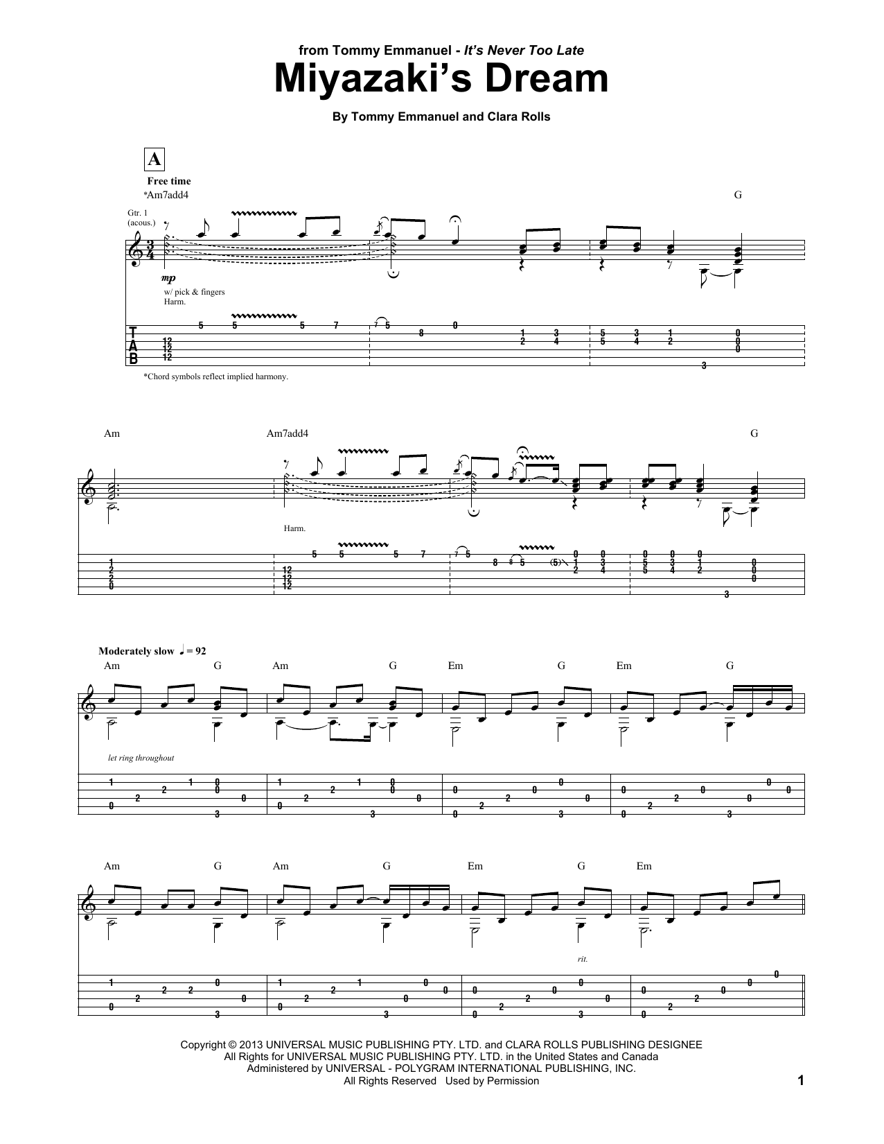 Tommy Emmanuel Miyazaki's Dream Sheet Music Notes & Chords for Guitar Tab - Download or Print PDF