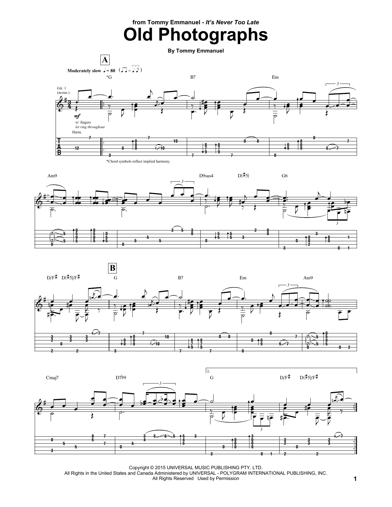Tommy Emmanuel Old Photographs Sheet Music Notes & Chords for Guitar Tab - Download or Print PDF