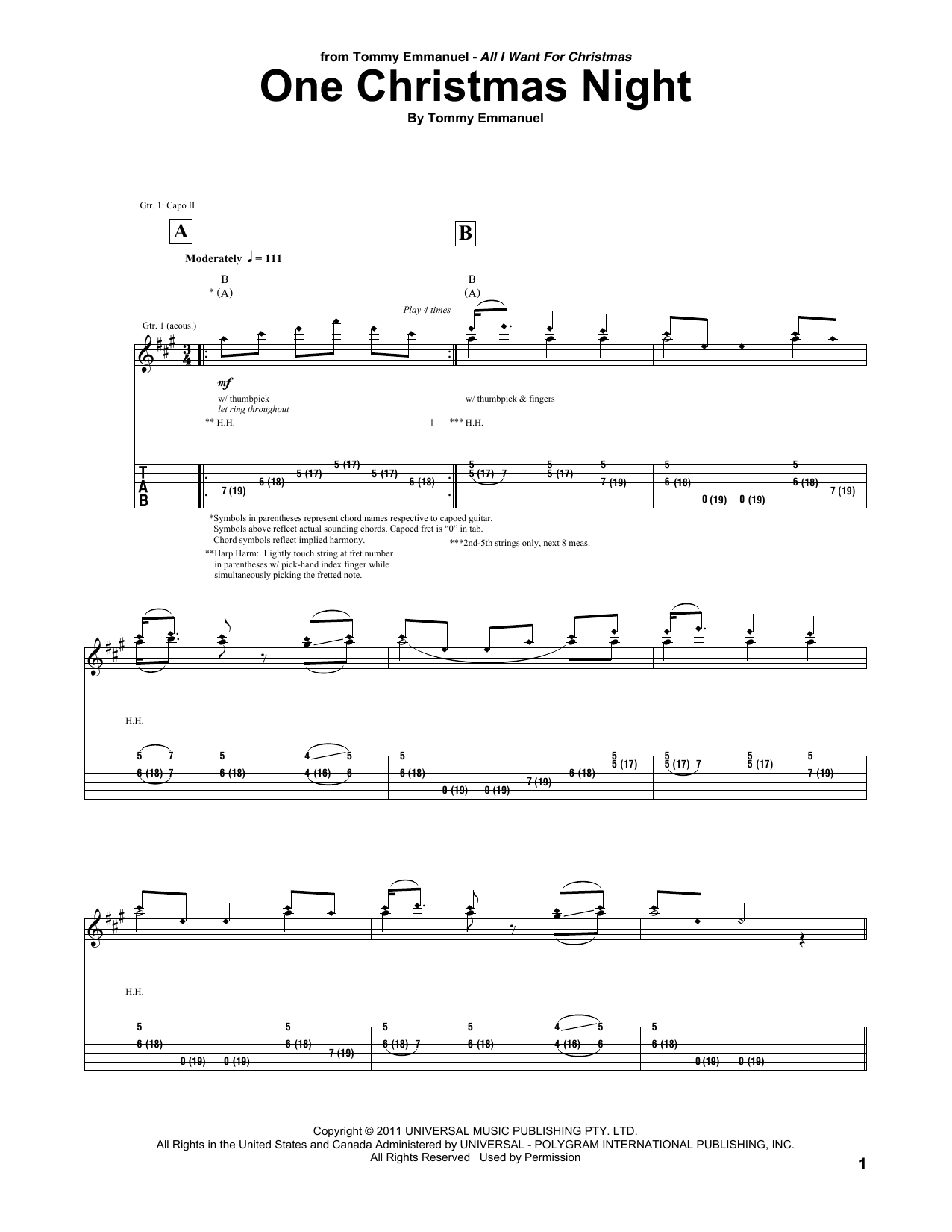 Tommy Emmanuel One Christmas Night Sheet Music Notes & Chords for Guitar Tab - Download or Print PDF
