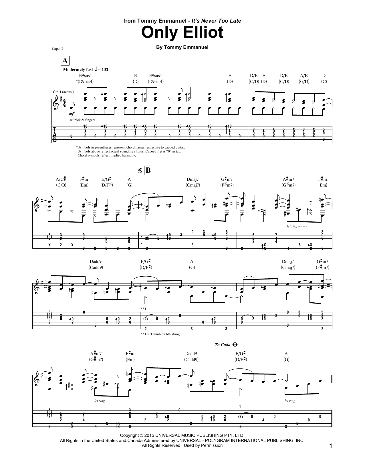 Tommy Emmanuel Only Elliot Sheet Music Notes & Chords for Guitar Tab - Download or Print PDF