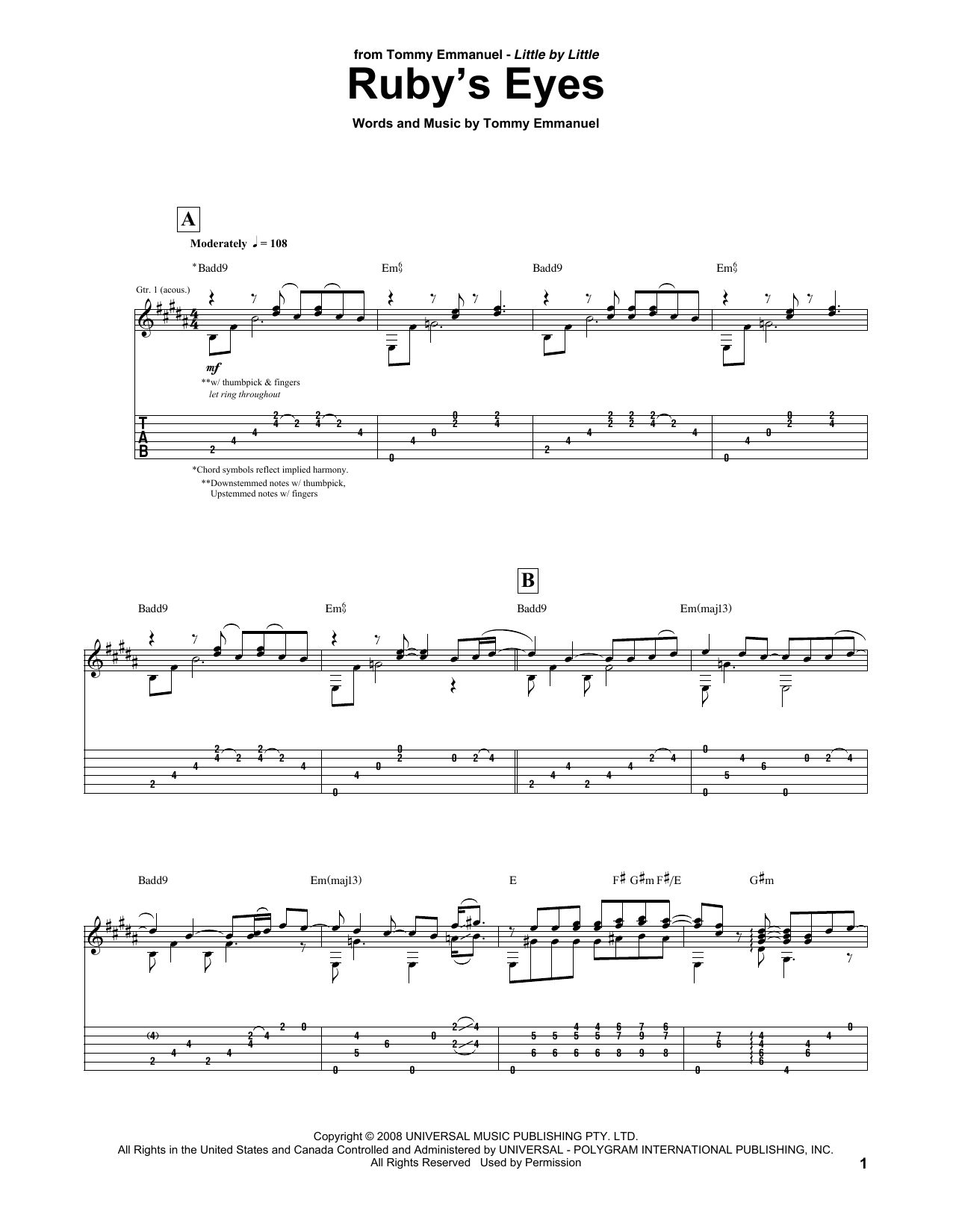 Tommy Emmanuel Ruby's Eyes Sheet Music Notes & Chords for Guitar Tab - Download or Print PDF