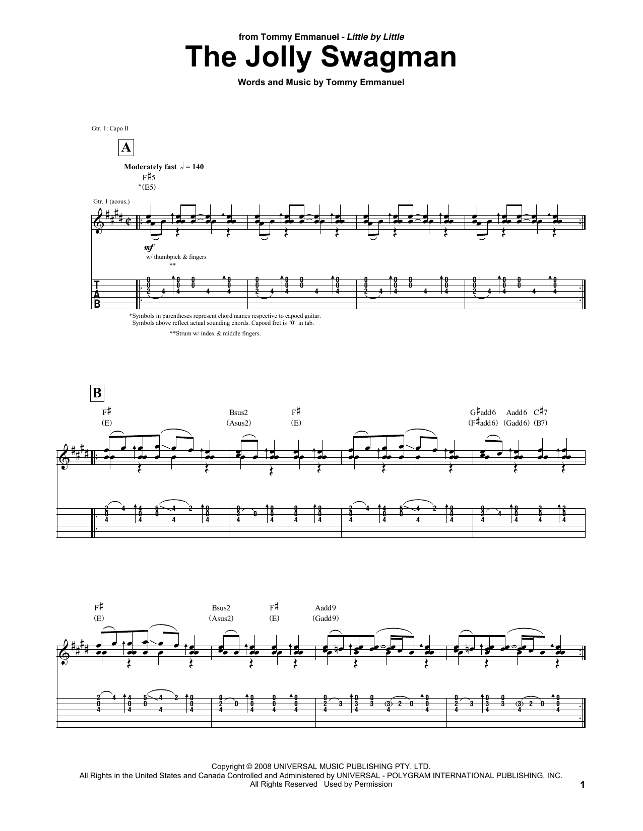Tommy Emmanuel The Jolly Swagman Sheet Music Notes & Chords for Guitar Tab - Download or Print PDF
