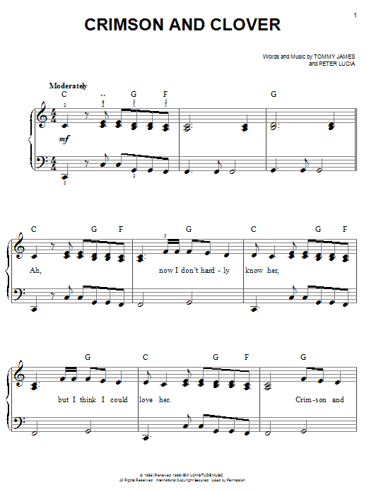 Tommy James & The Shondells Crimson And Clover Sheet Music Notes & Chords for Easy Guitar Tab - Download or Print PDF