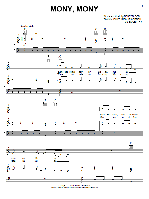 Tommy James & The Shondells Mony, Mony sheet music notes and chords. Download Printable PDF.