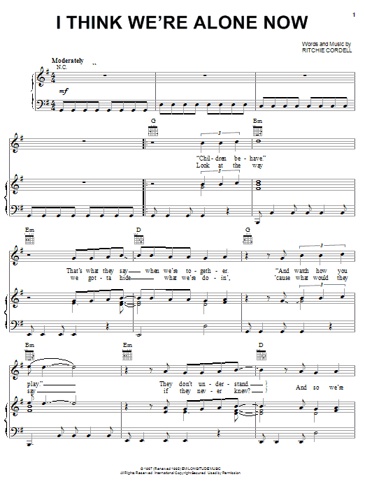 Tommy James And The Shondells I Think We're Alone Now Sheet Music Notes & Chords for Piano, Vocal & Guitar (Right-Hand Melody) - Download or Print PDF