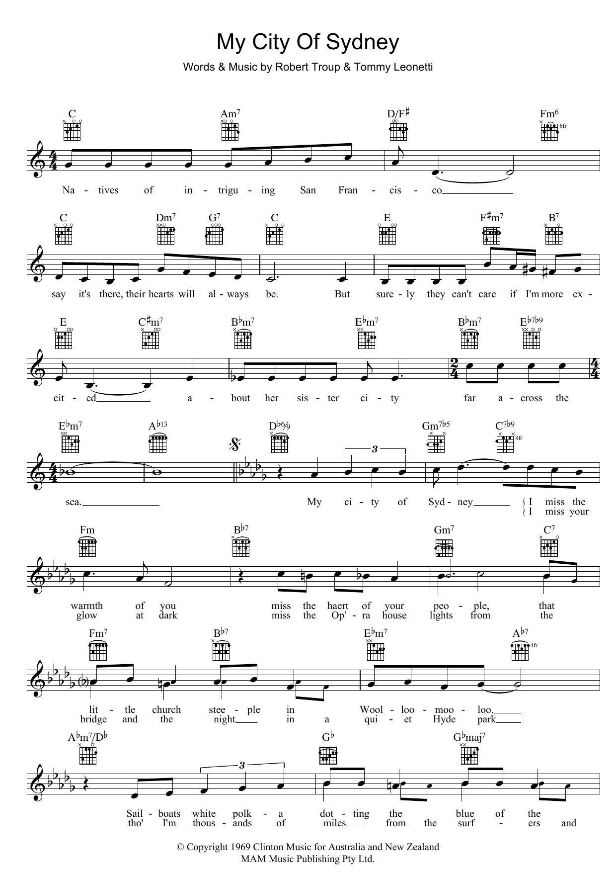 Tommy Leonetti My City Of Sydney Sheet Music Notes & Chords for Melody Line, Lyrics & Chords - Download or Print PDF