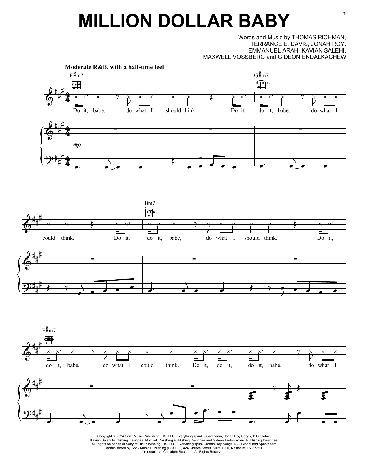 Tommy Richman MILLION DOLLAR BABY Sheet Music Notes & Chords for Piano, Vocal & Guitar Chords (Right-Hand Melody) - Download or Print PDF