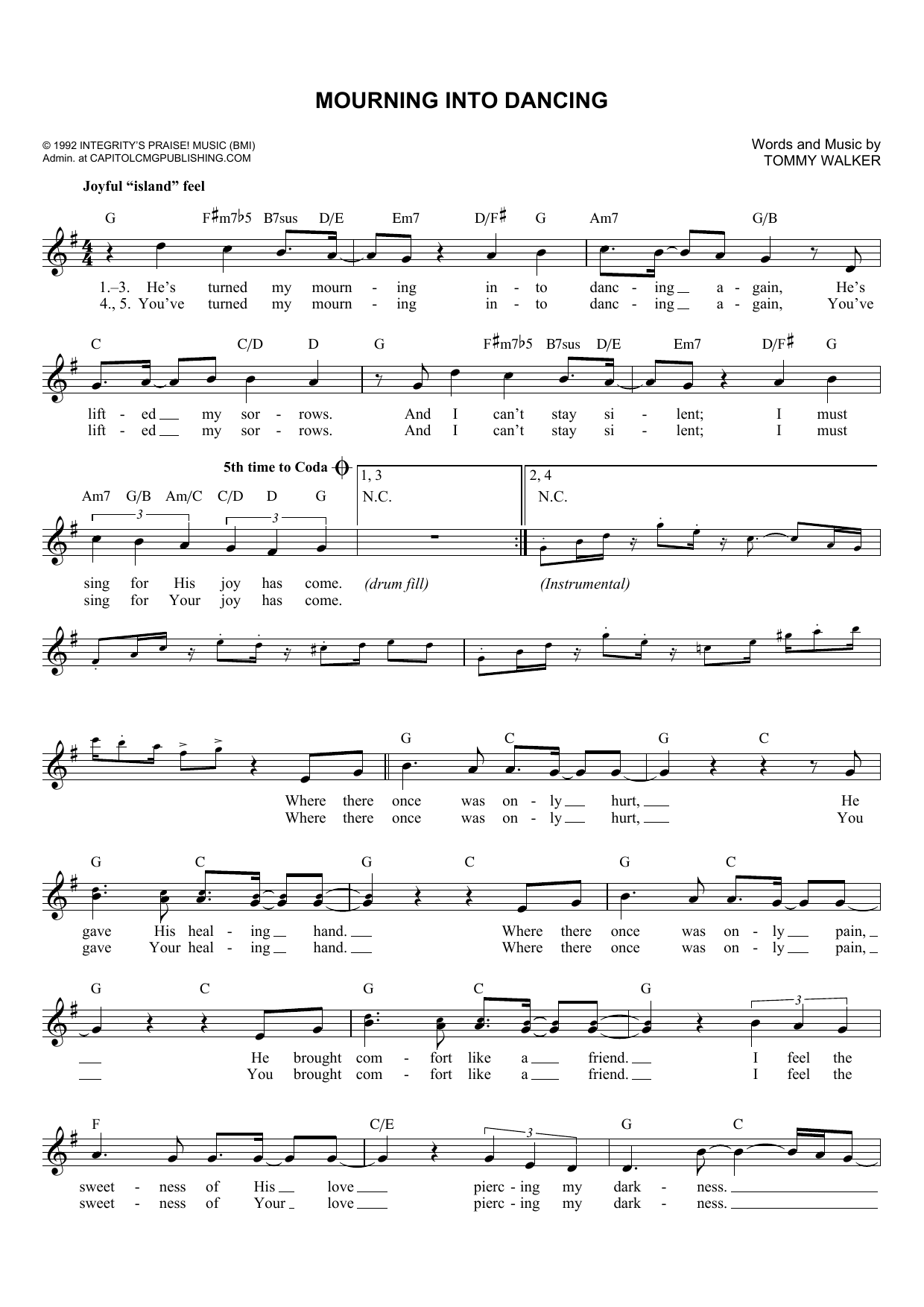 Tommy Walker Mourning Into Dancing Sheet Music Notes & Chords for Melody Line, Lyrics & Chords - Download or Print PDF