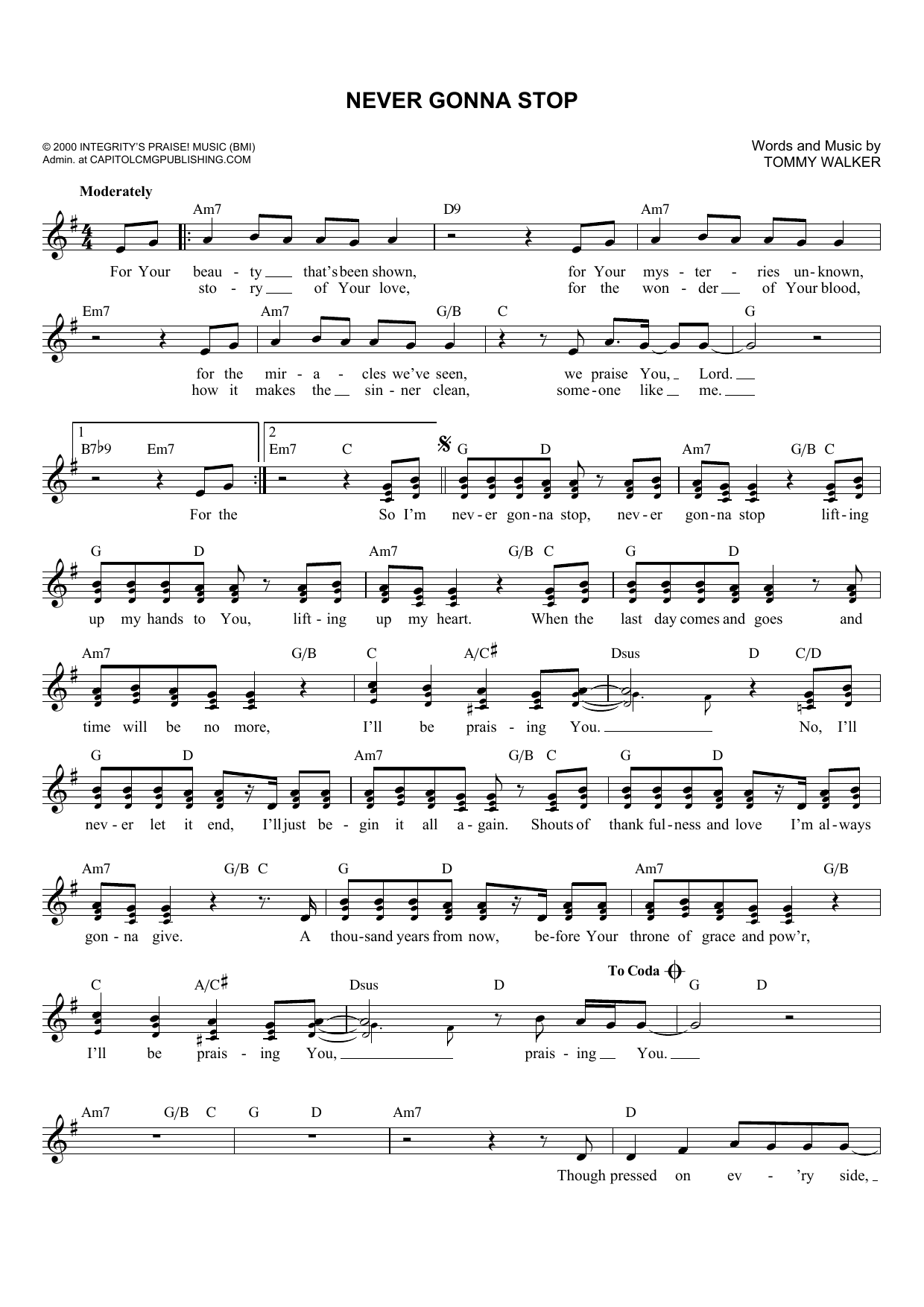 Tommy Walker Never Gonna Stop Sheet Music Notes & Chords for Melody Line, Lyrics & Chords - Download or Print PDF