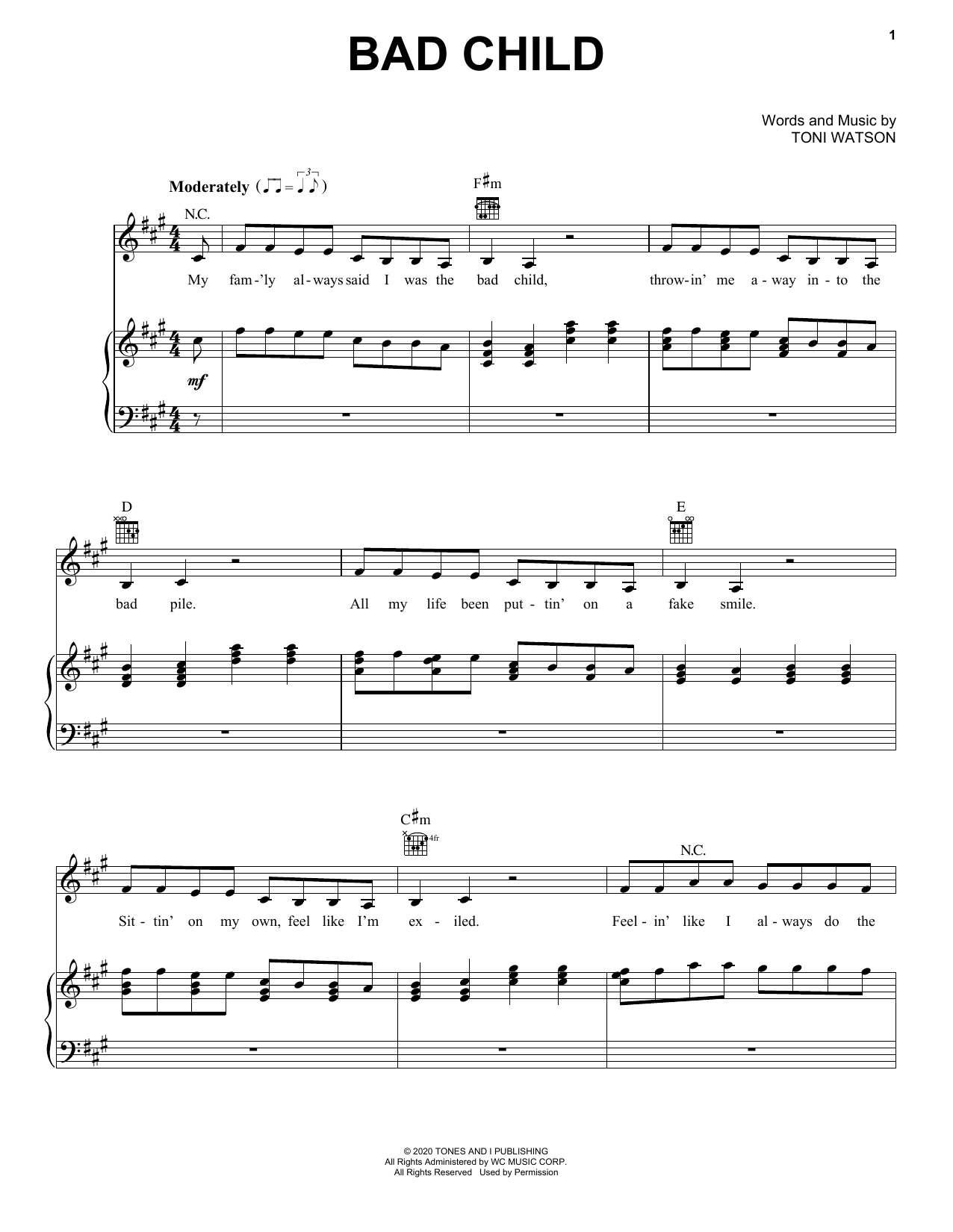 Tones And I Bad Child Sheet Music Notes & Chords for Piano, Vocal & Guitar (Right-Hand Melody) - Download or Print PDF