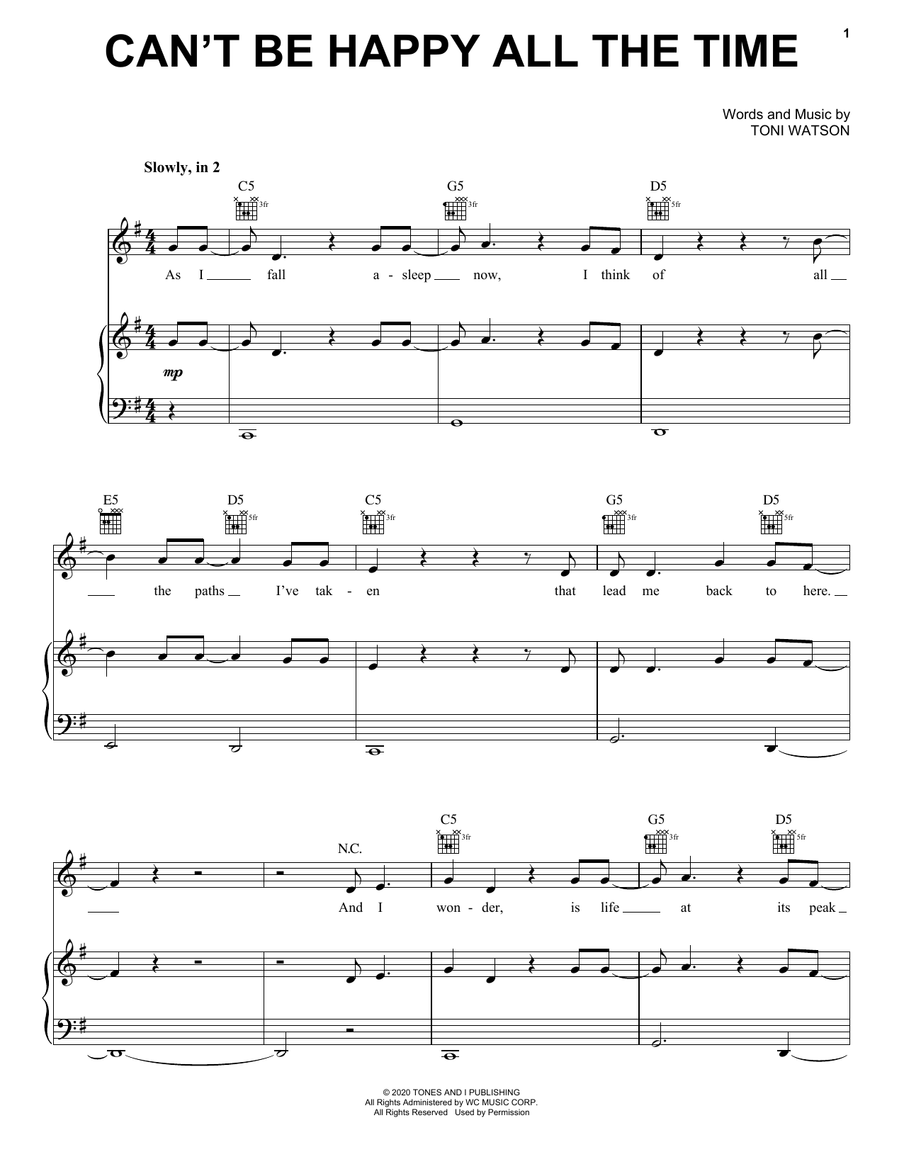 Tones And I Can't Be Happy All The Time Sheet Music Notes & Chords for Piano, Vocal & Guitar (Right-Hand Melody) - Download or Print PDF