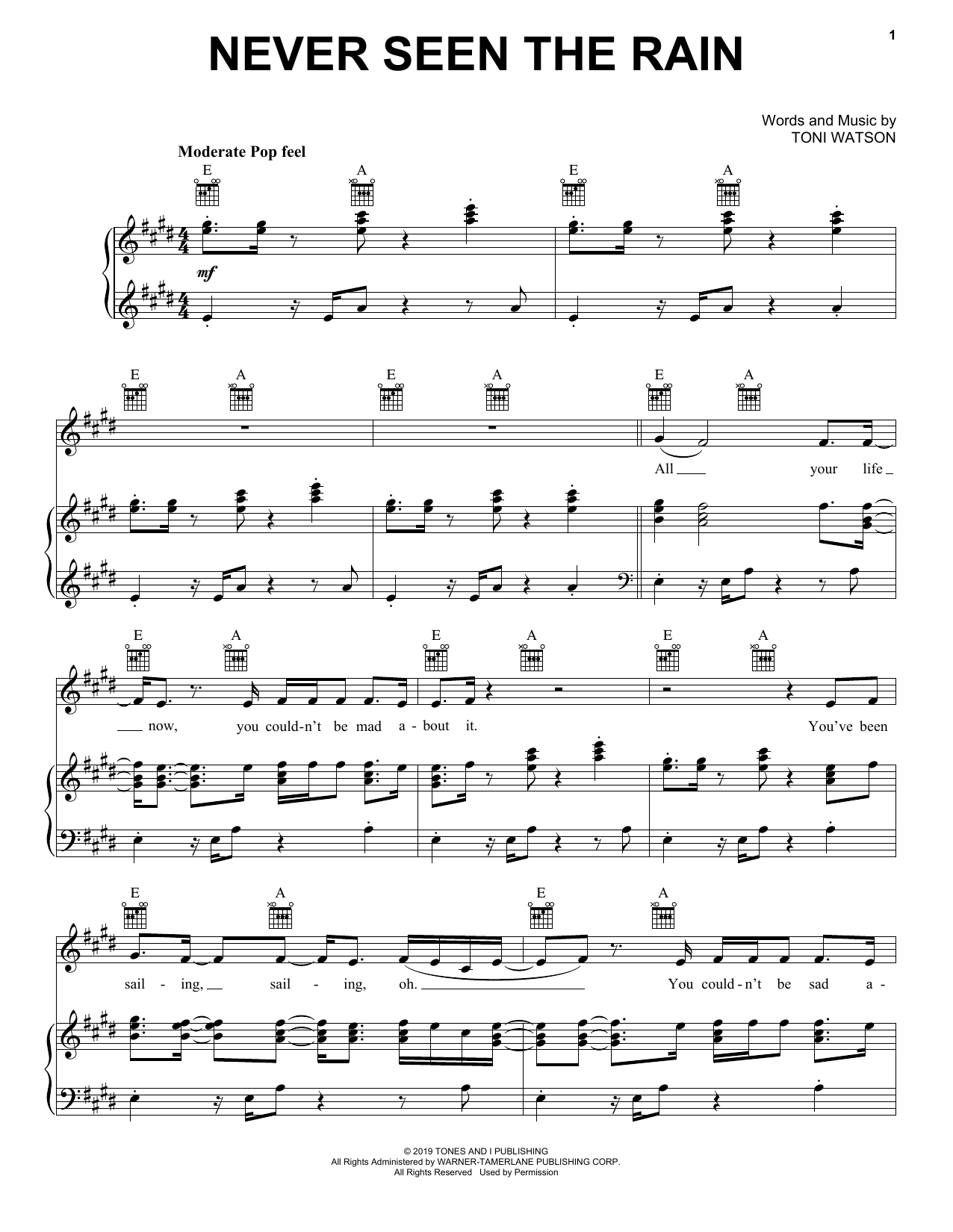 Tones And I Never Seen The Rain Sheet Music Notes & Chords for Piano, Vocal & Guitar (Right-Hand Melody) - Download or Print PDF