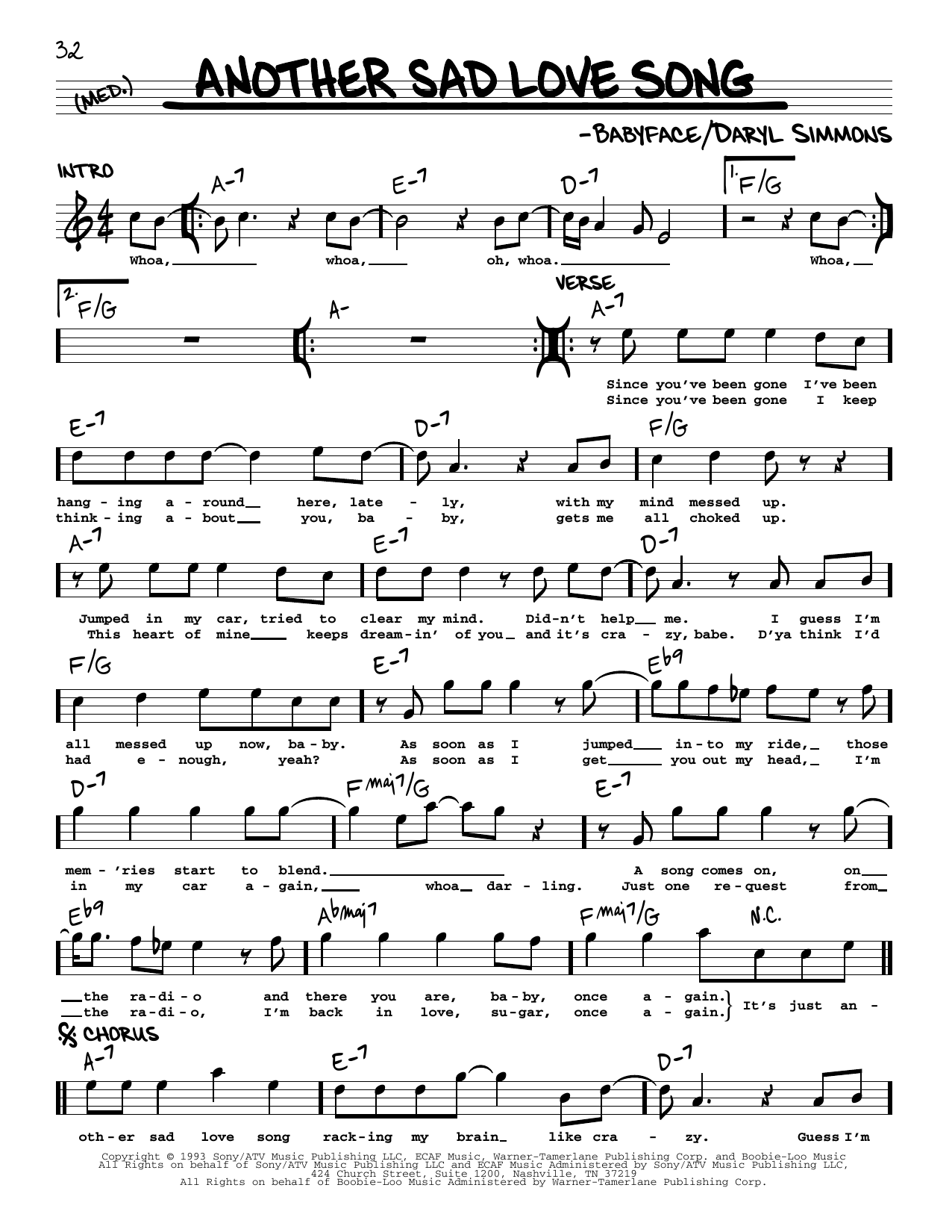 Toni Braxton Another Sad Love Song Sheet Music Notes & Chords for Real Book – Melody & Chords - Download or Print PDF