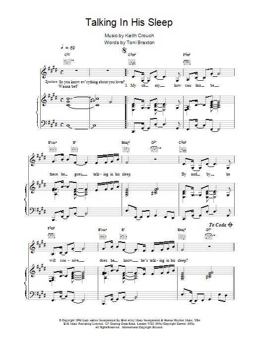 Toni Braxton Talking In His Sleep Sheet Music Notes & Chords for Piano, Vocal & Guitar (Right-Hand Melody) - Download or Print PDF