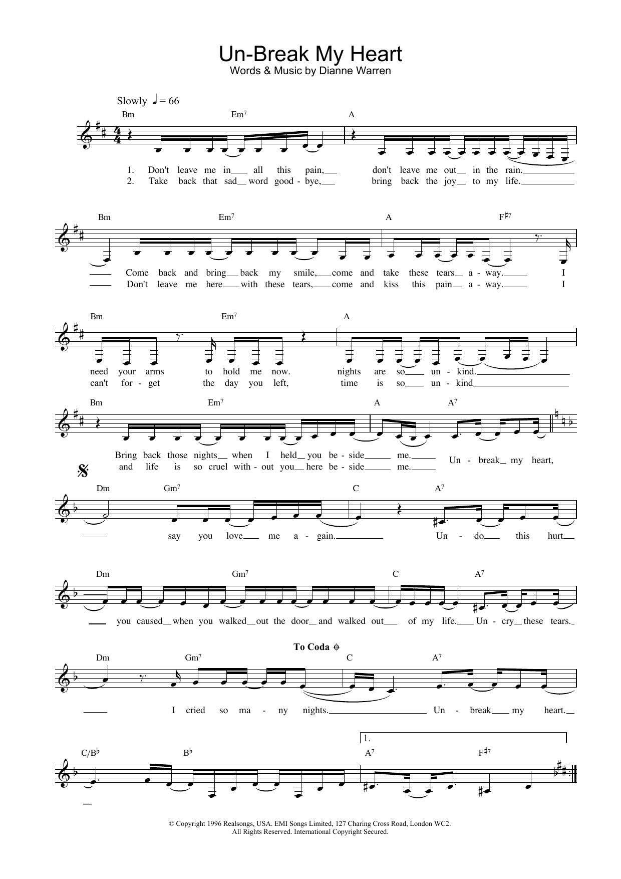 Toni Braxton Un-Break My Heart Sheet Music Notes & Chords for Melody Line, Lyrics & Chords - Download or Print PDF