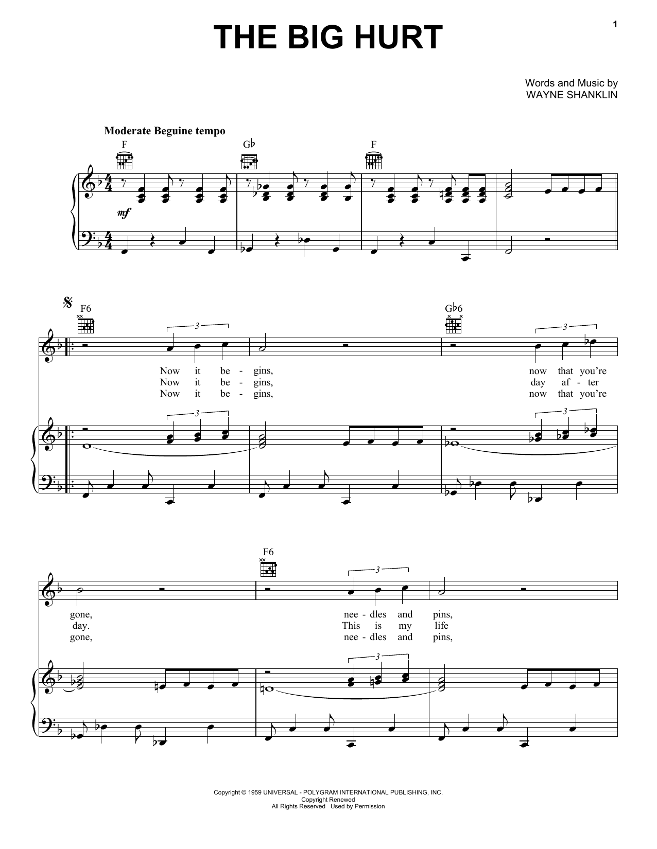 Toni Fisher The Big Hurt Sheet Music Notes & Chords for Piano, Vocal & Guitar Chords (Right-Hand Melody) - Download or Print PDF