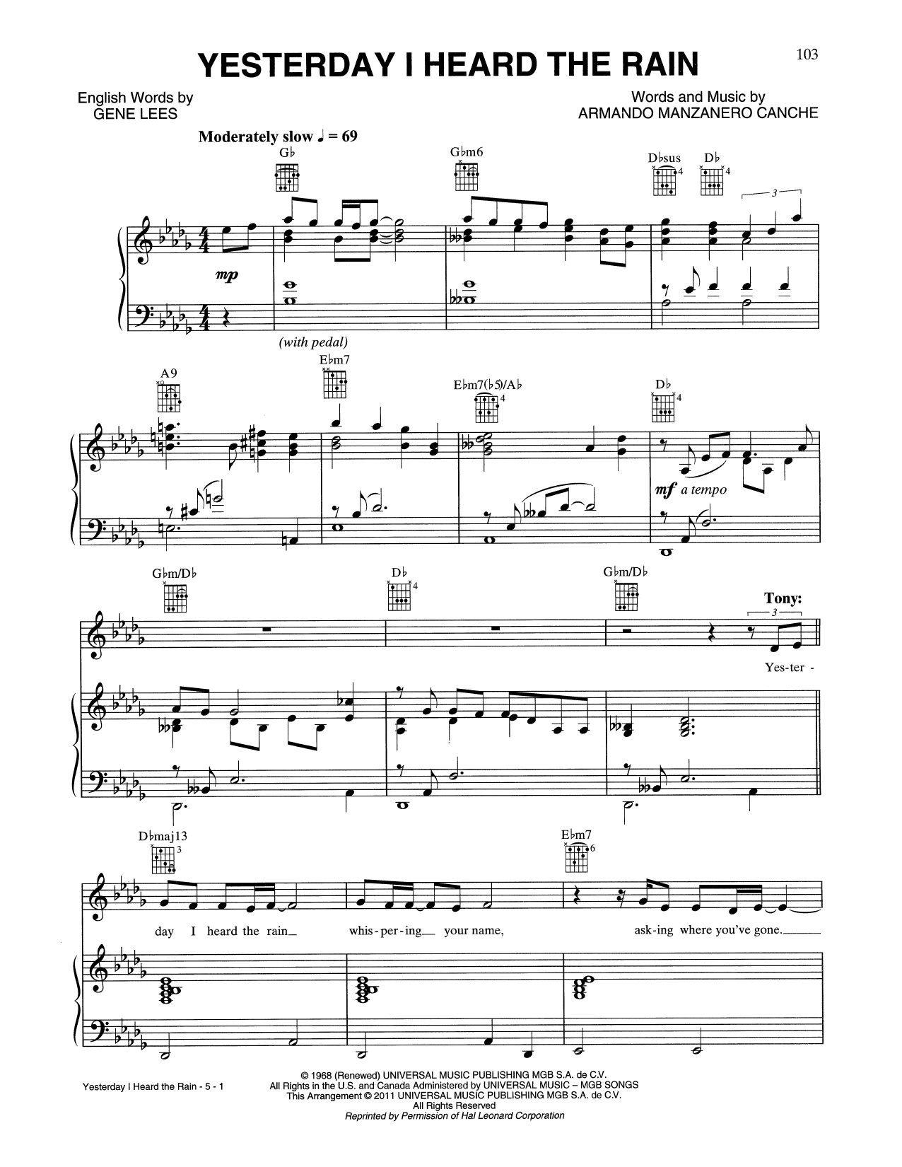 Tony Bennett & Alejandro Sanz Yesterday I Heard The Rain Sheet Music Notes & Chords for Piano, Vocal & Guitar (Right-Hand Melody) - Download or Print PDF