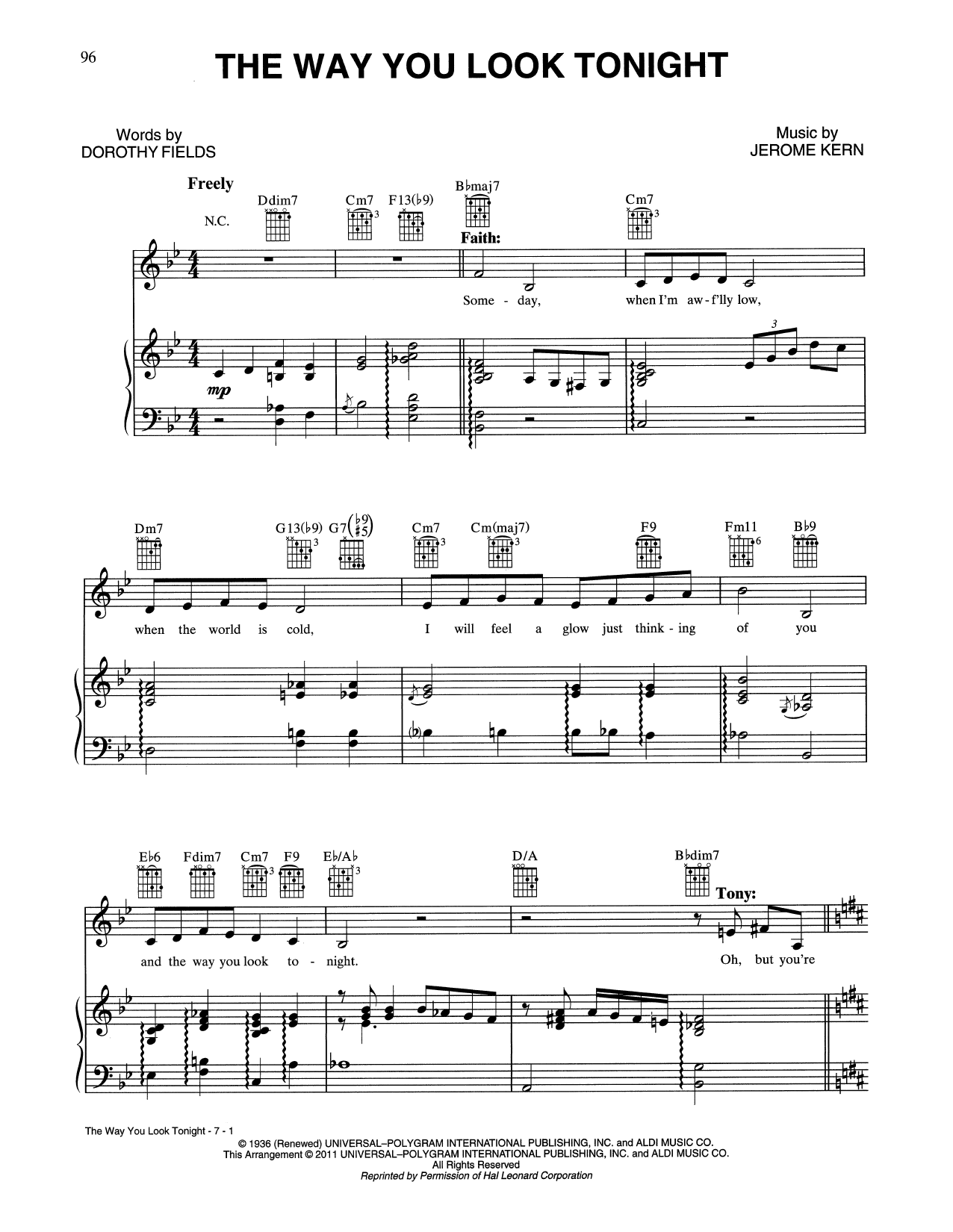 Tony Bennett & Faith Hill The Way You Look Tonight Sheet Music Notes & Chords for Piano, Vocal & Guitar (Right-Hand Melody) - Download or Print PDF