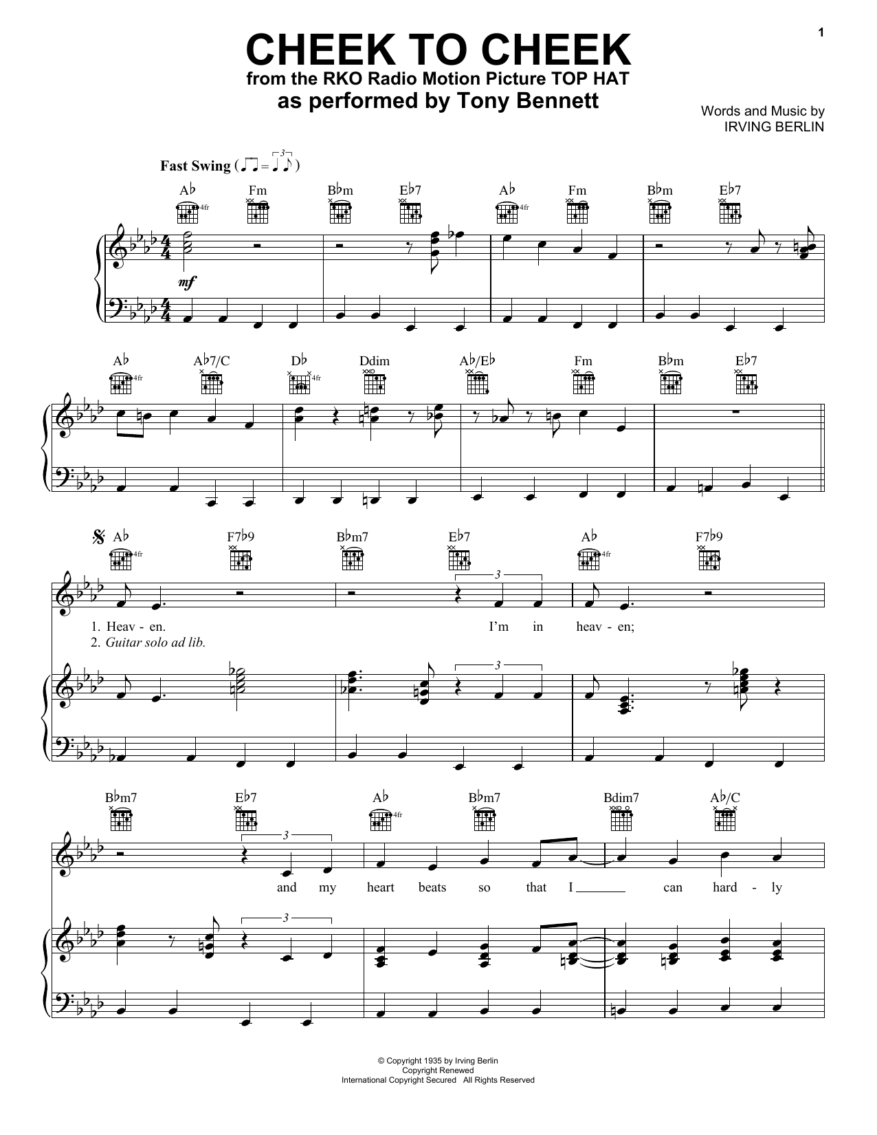 Tony Bennett & George Benson Cheek To Cheek Sheet Music Notes & Chords for Piano, Vocal & Guitar (Right-Hand Melody) - Download or Print PDF